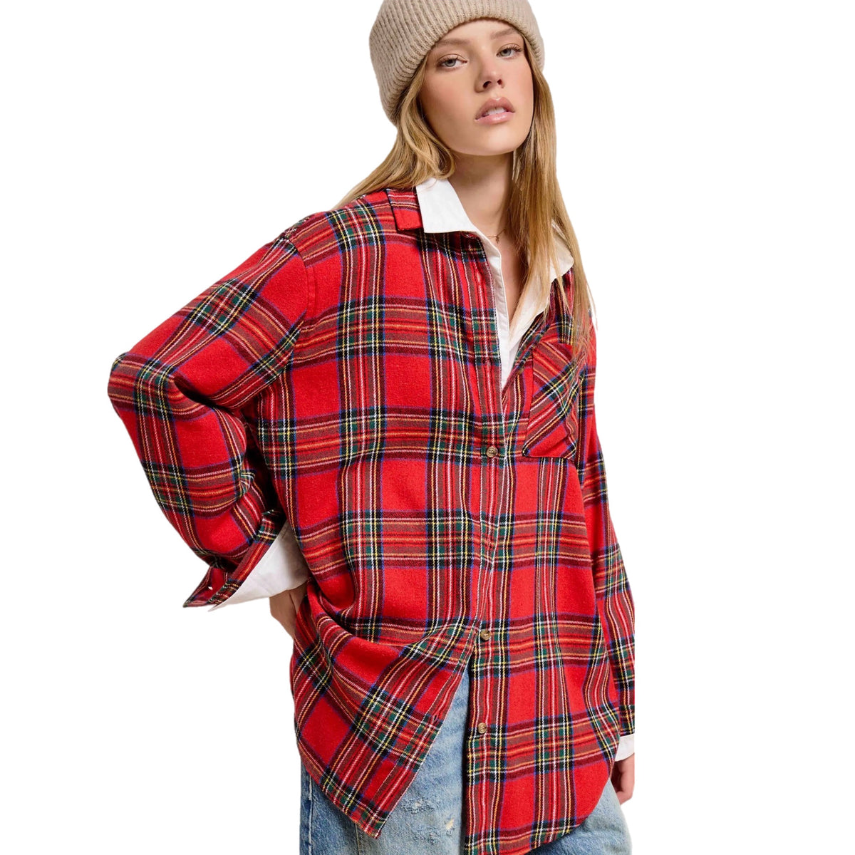 La Miel Plaid Oversized Shirt Button Front Long Sleeve in Holiday Red