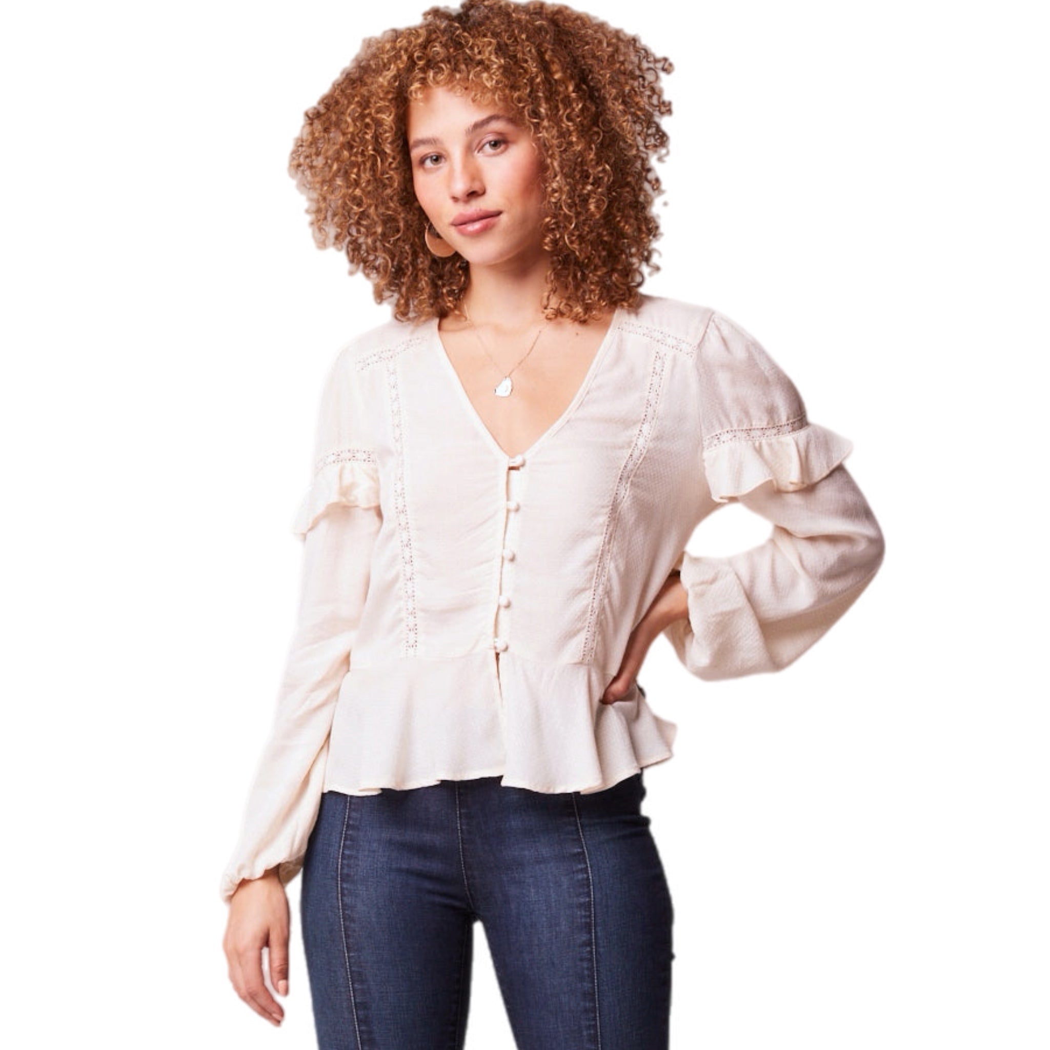 B.O.G. Collective Sandy Cream Ruffle Long Sleeve Button Blouse Lace Inlets