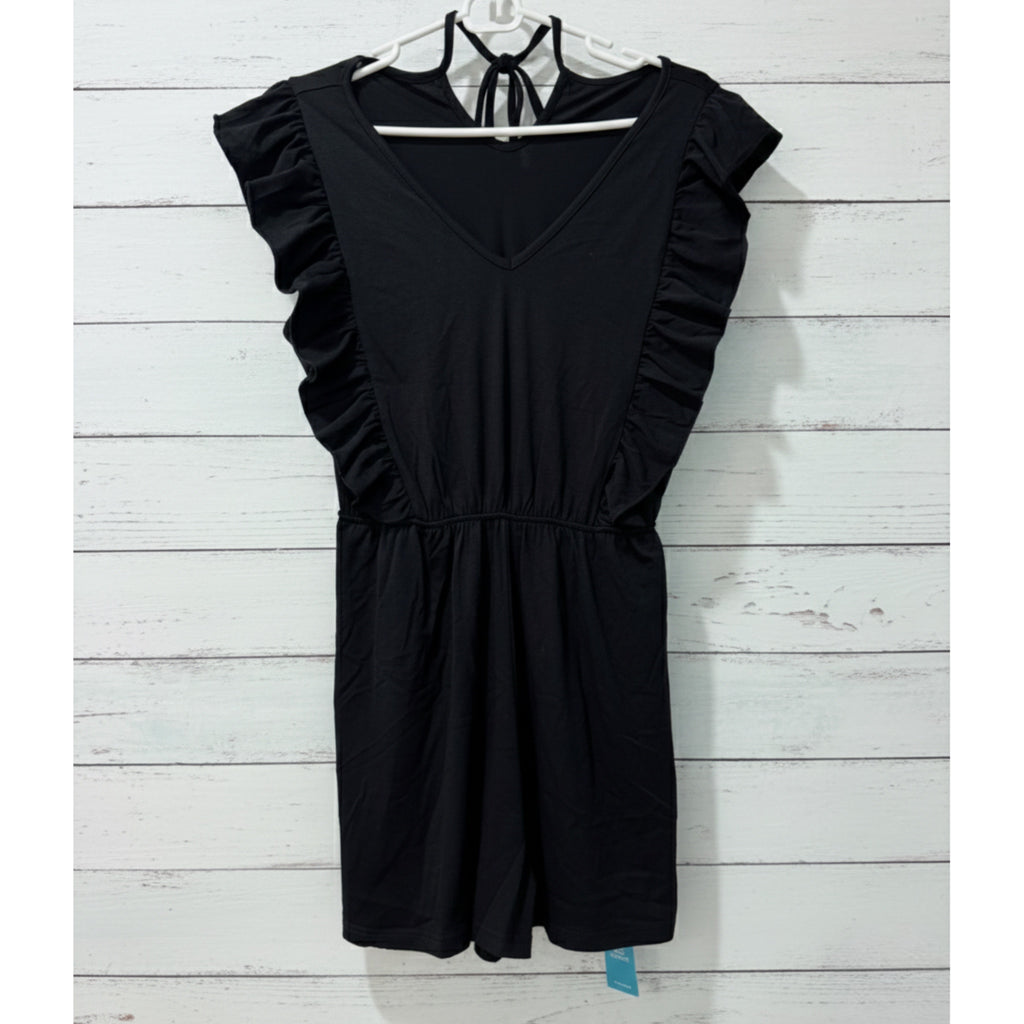 Ruffled Soft Jersey Knit Romper Pocketed Shorts in Black