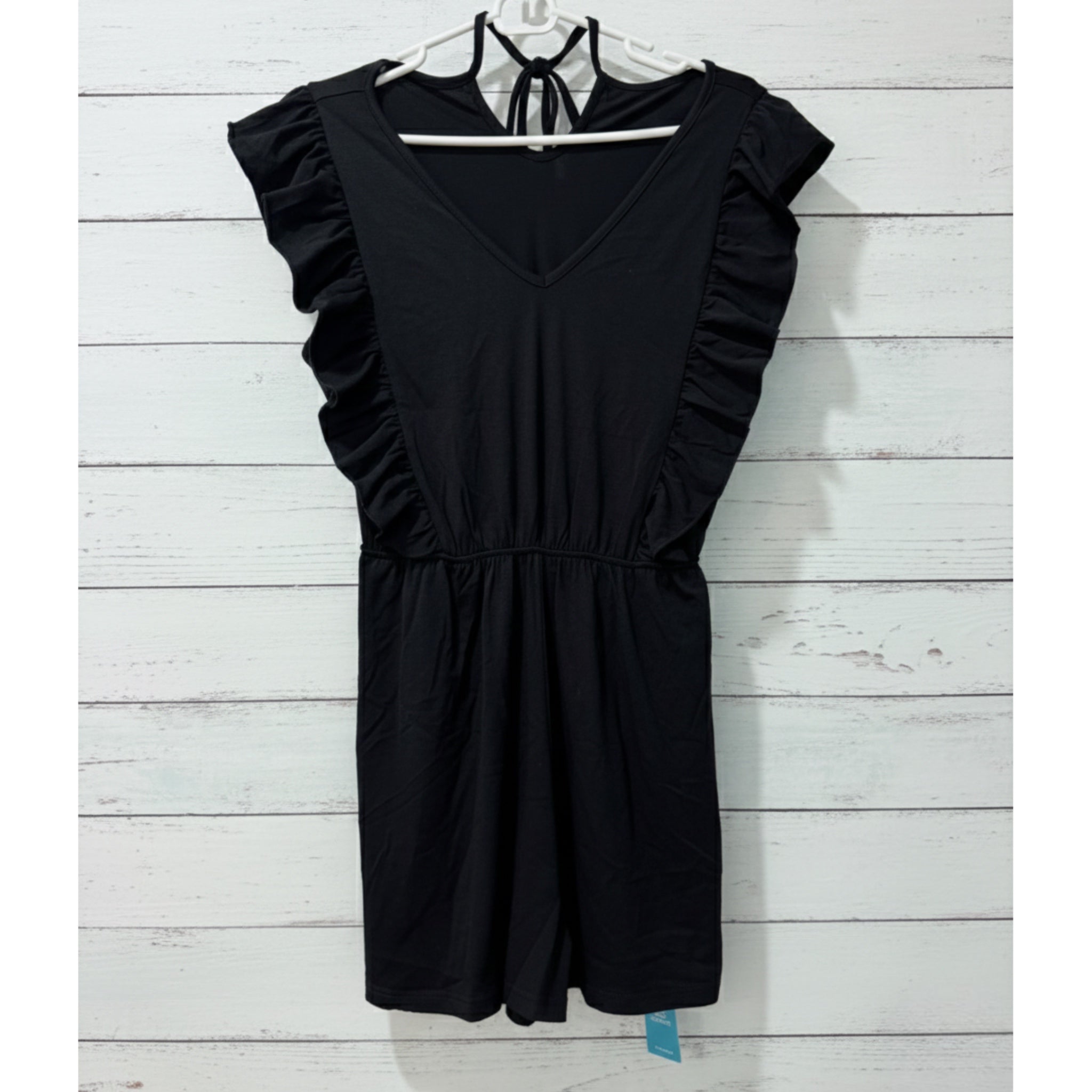 Ruffled Soft Jersey Knit Romper Pocketed Shorts in Black
