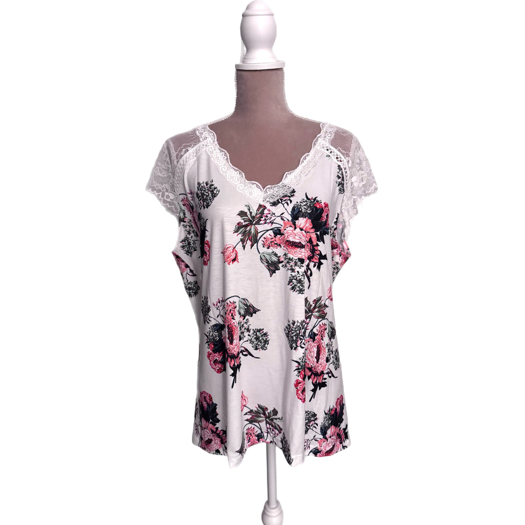 Boho Floral Lace-Accent V-Neck Tunic Top White & Pink