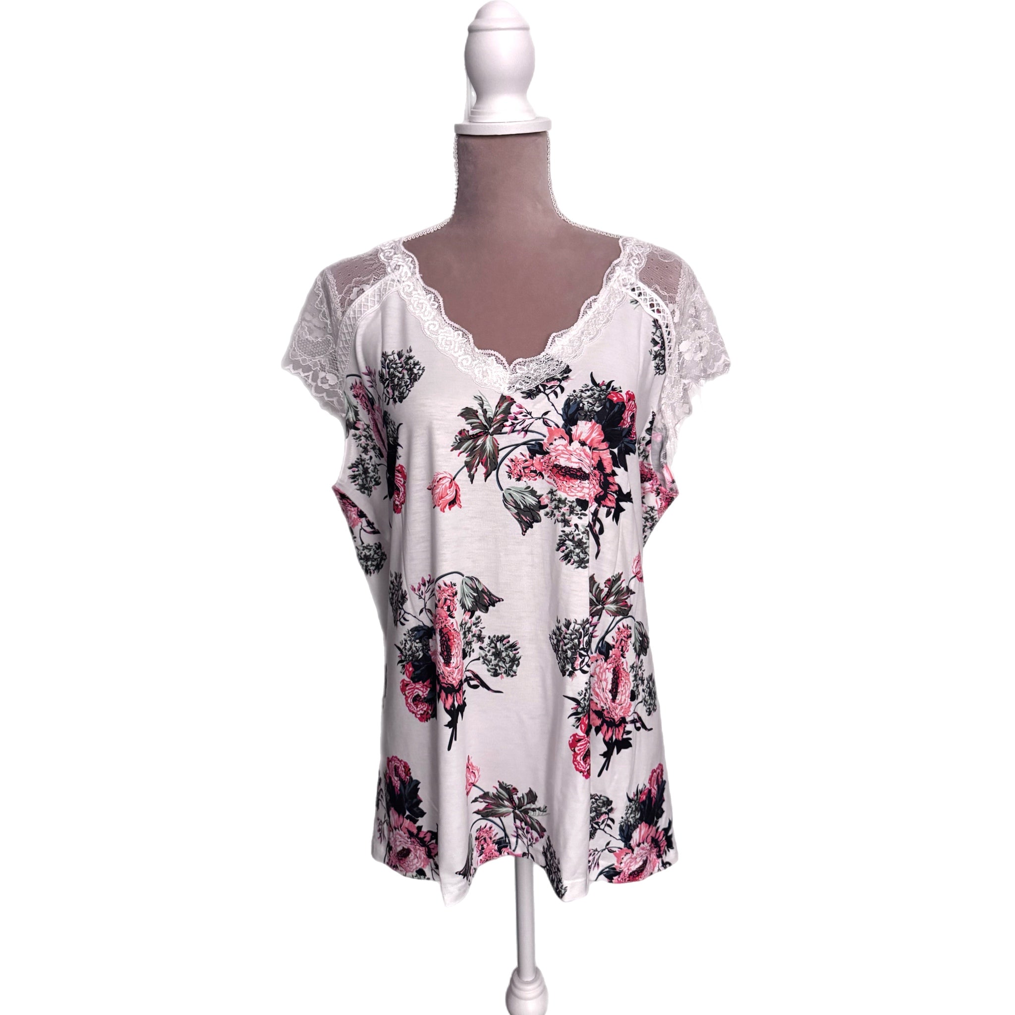Boho Floral Lace-Accent V-Neck Tunic Top White & Pink