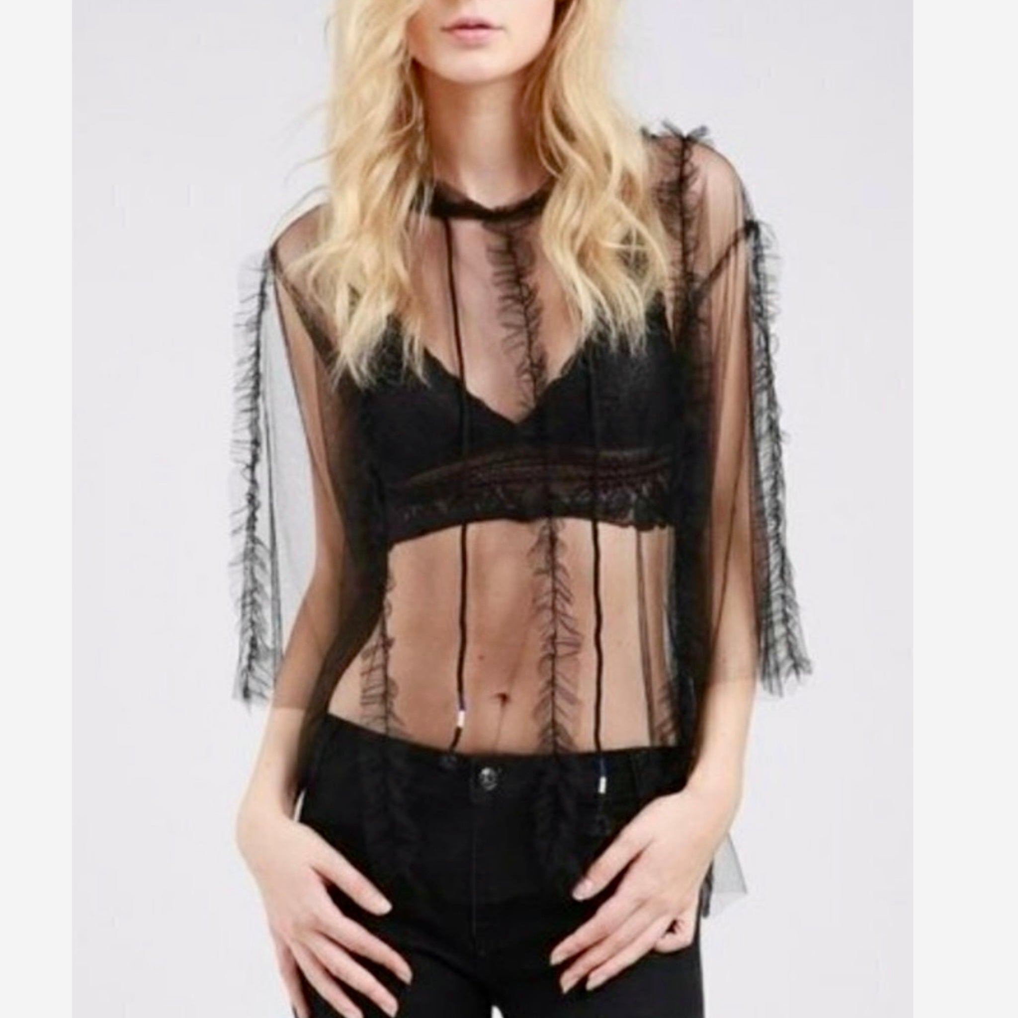 POL Sheer Hooded Blouse Women’s Black Ruffled Mesh Long Sleeve Top
