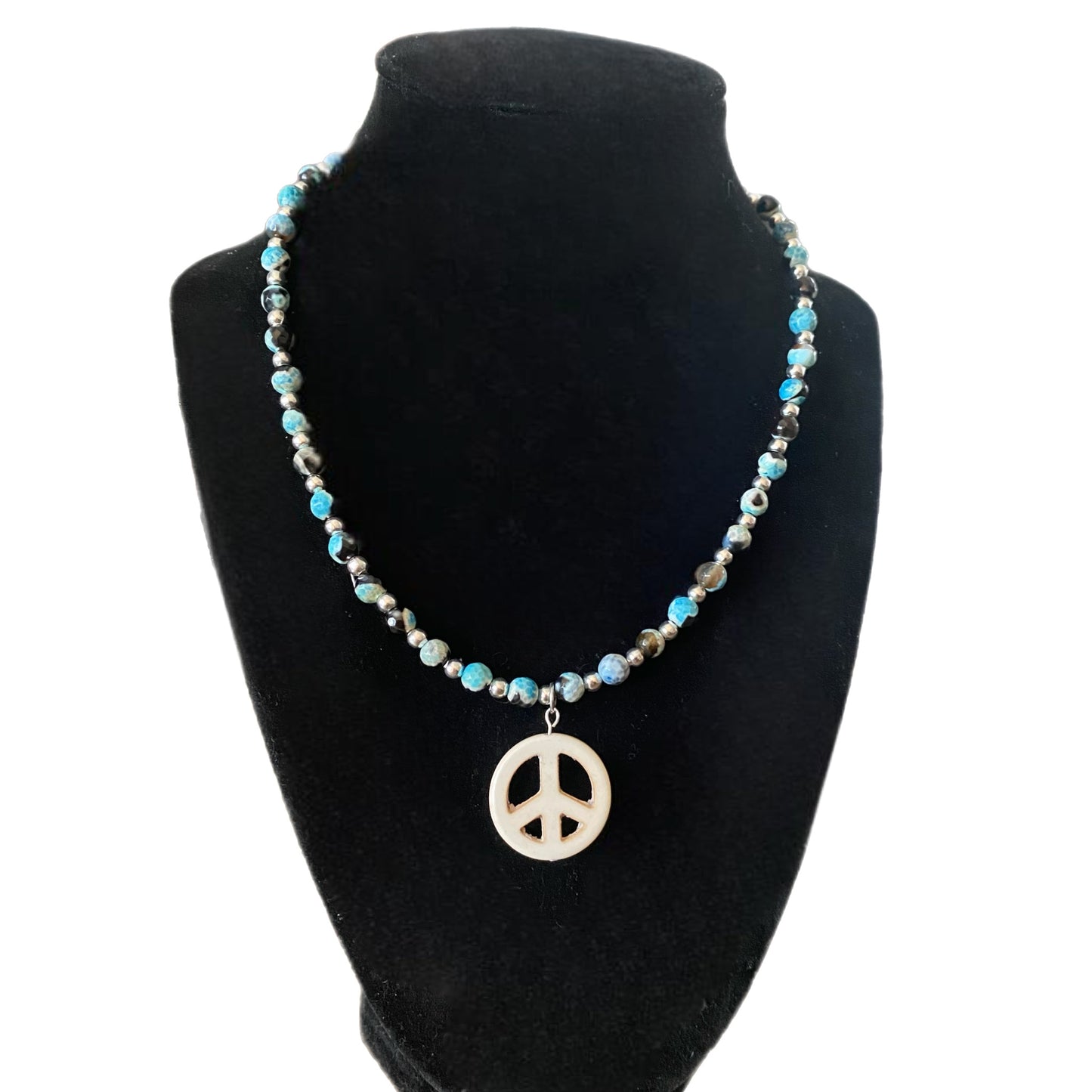 Handmade Beaded Hippie Necklace Ocean Blue Agate Stone Boho Peace Pendant 17”