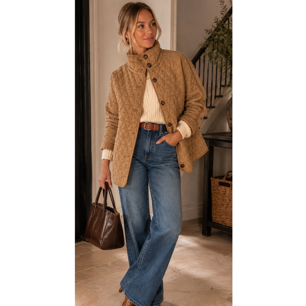 La Miel Quilted Button-Down Jacket-Oversized Shacket in Sand Castle
