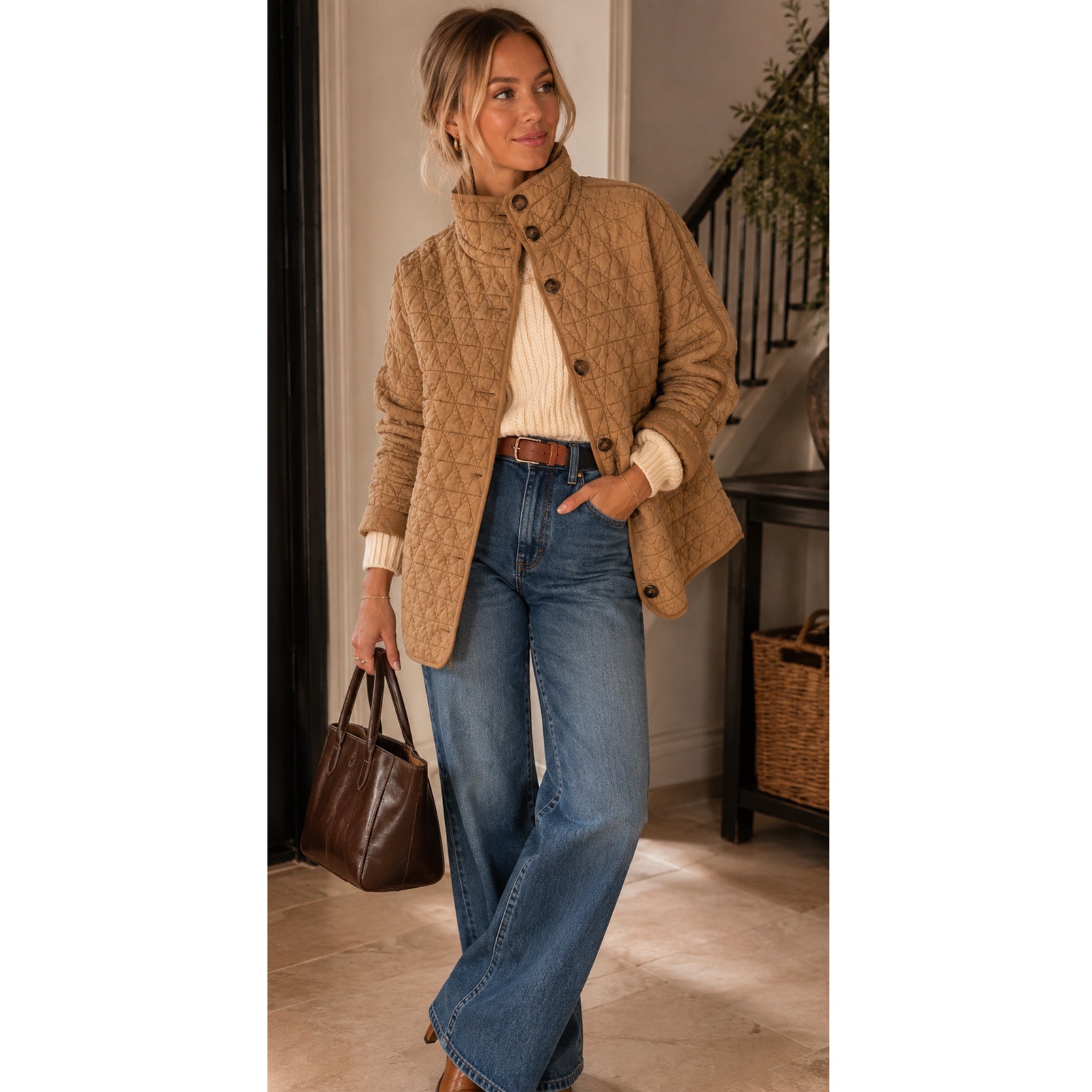 La Miel Quilted Button-Down Jacket-Oversized Shacket in Sand Castle