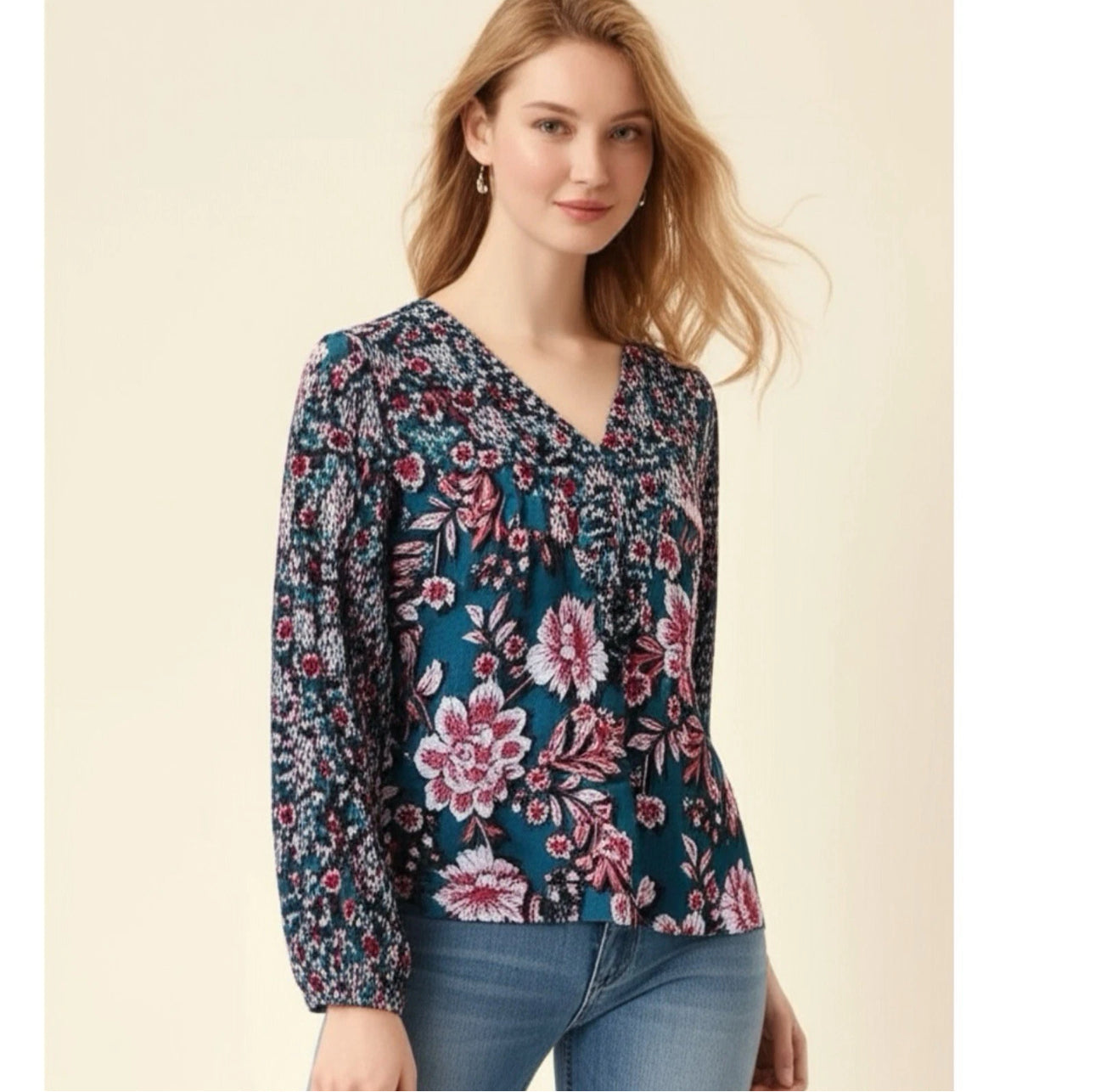 BAND OF THE FREE Josie Blue Floral Print Long Sleeve V Neck Blouse