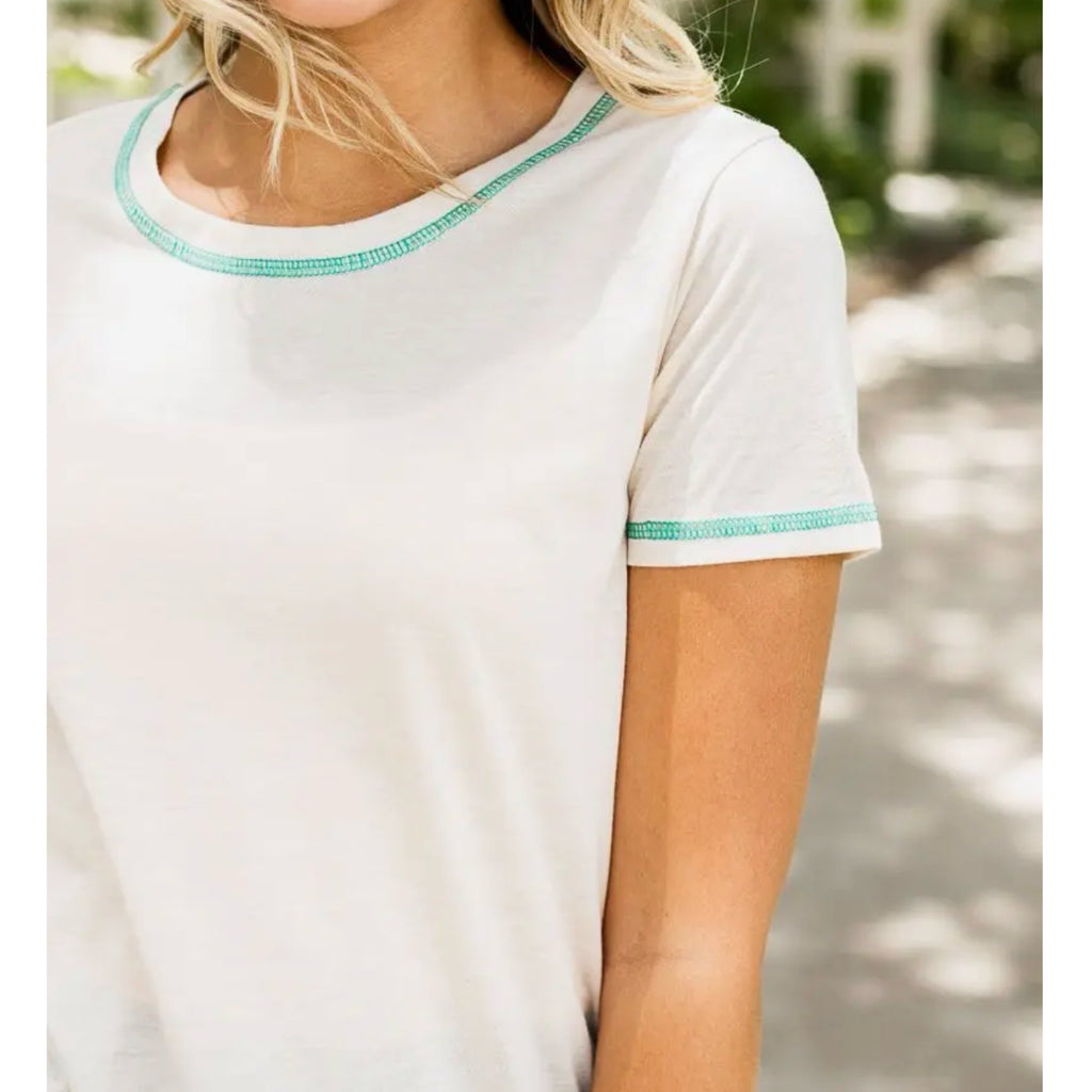 Daisy Rae Coastal Breeze Contrast Stitch Tee Shirt Cream & Seafoam
