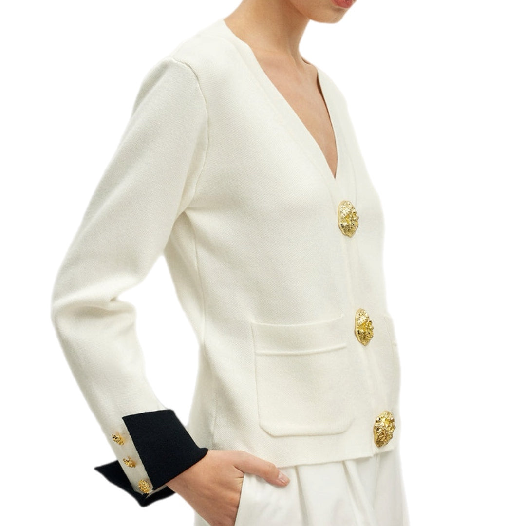 Diana Cardigan Knit Contrast Cuff Large Gold Snap Buttons Cream or Black