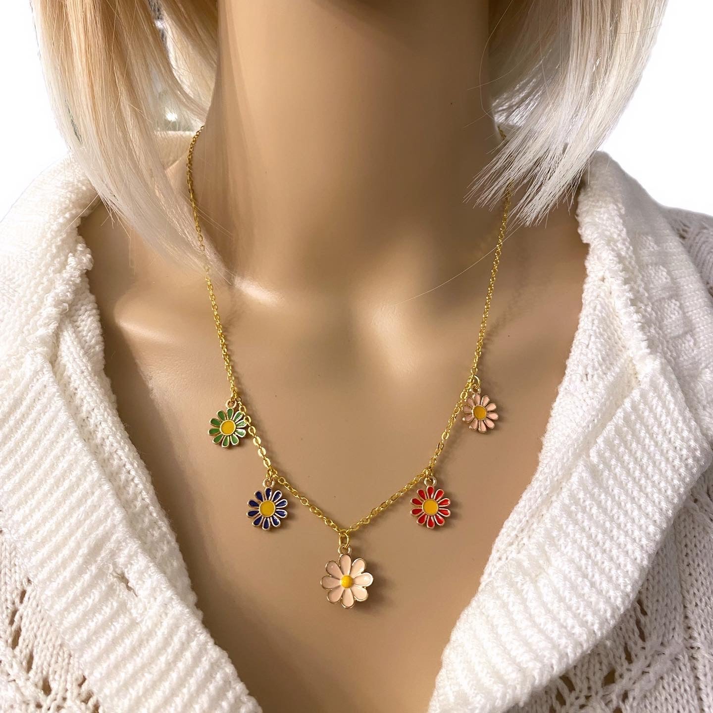 Boho Spring Flowers Gold Tone Charm Necklace Colorful Daisies - East Coast Bella LLC
