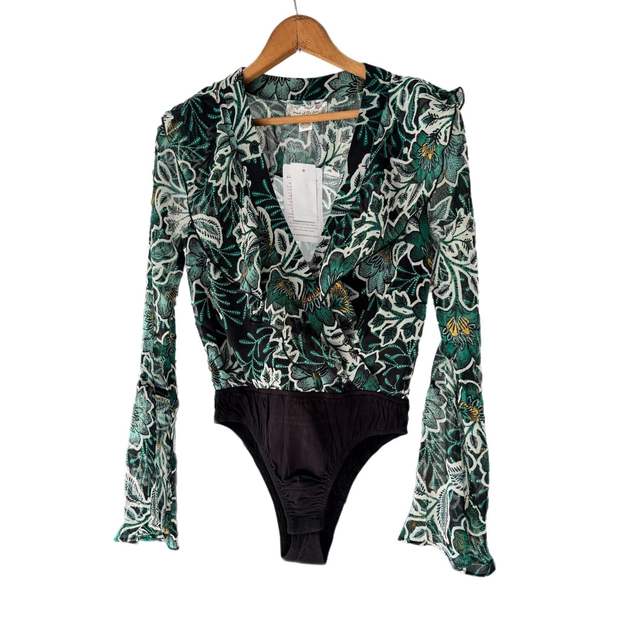 BAND OF THE FREE Bonnie Emerald Long Sleeve Bodysuit Top Bell Sleeve