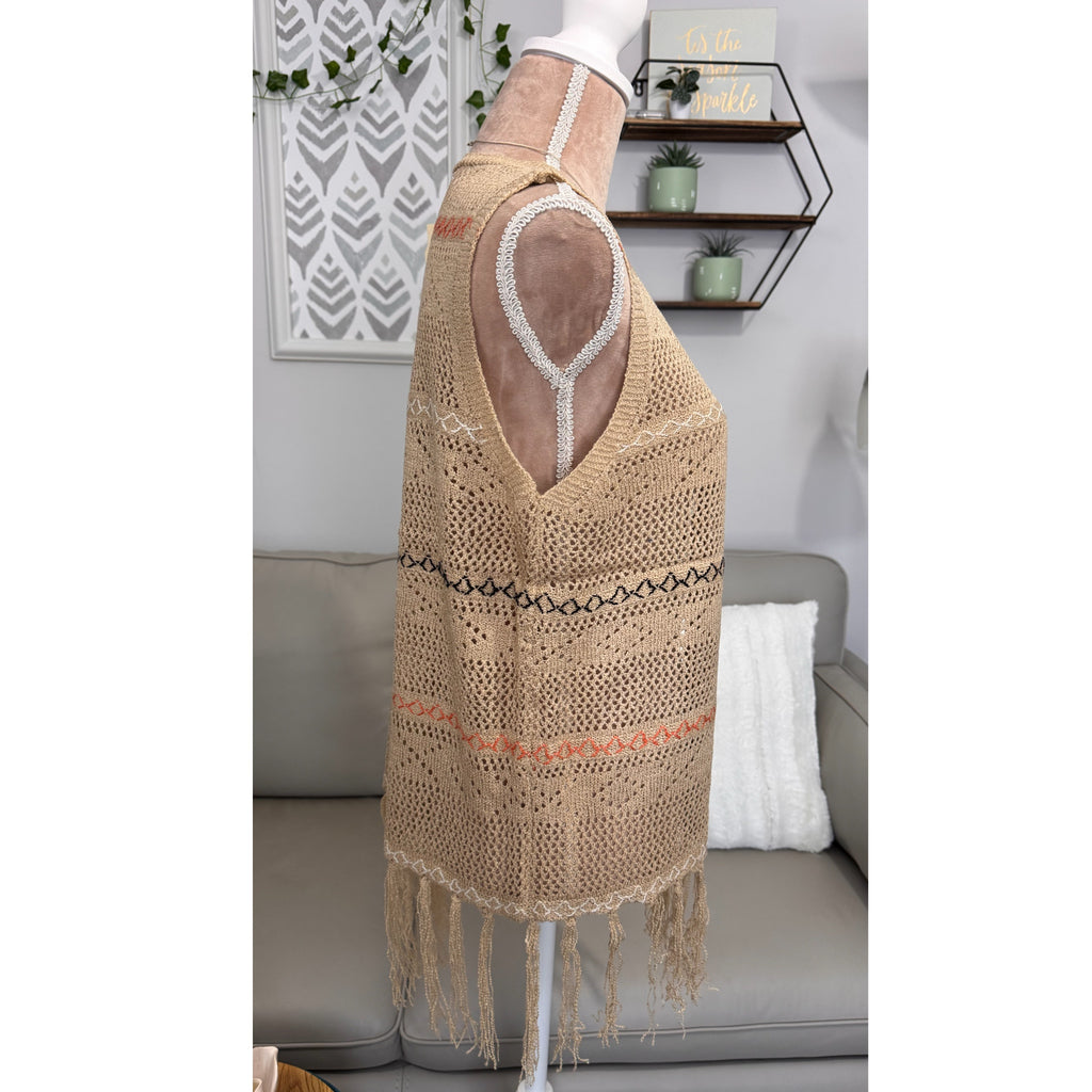 Boho Crochet Fringe Vest Tan Embroidered Open Front Cardigan