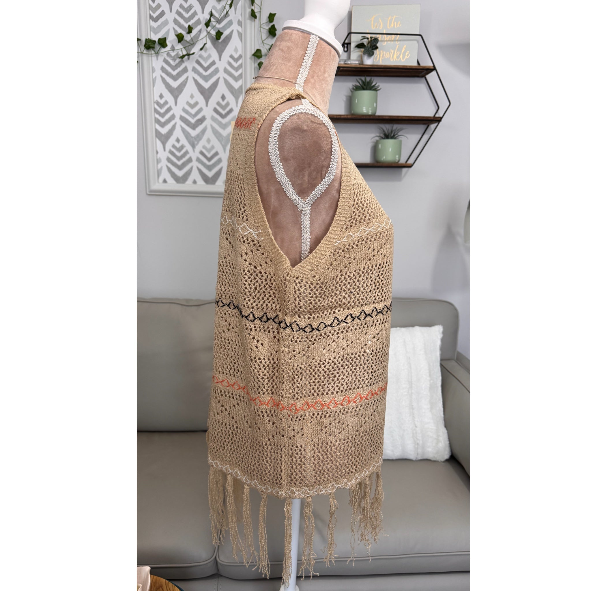 Boho Crochet Fringe Vest Tan Embroidered Open Front Cardigan