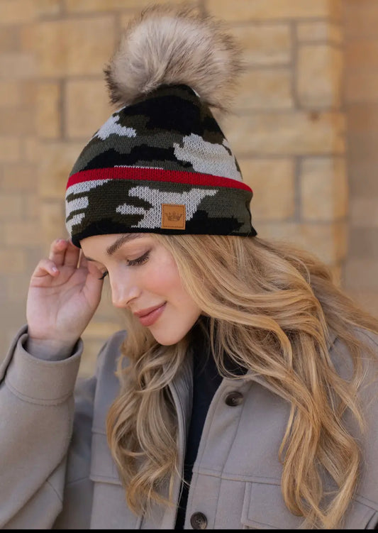 PANACHE Vegan Fur Puff Knit Hat in Green Camo - East Coast Bella LLC