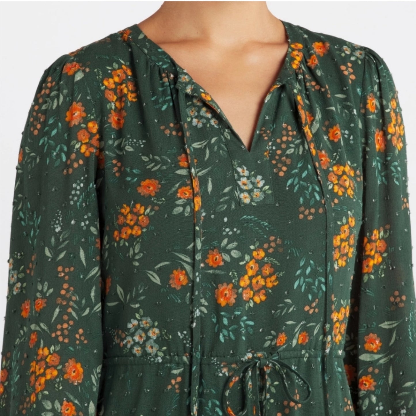 DANIEL RAINN Boho Floral Autumn Dress Green Long Sleeve Split Neck