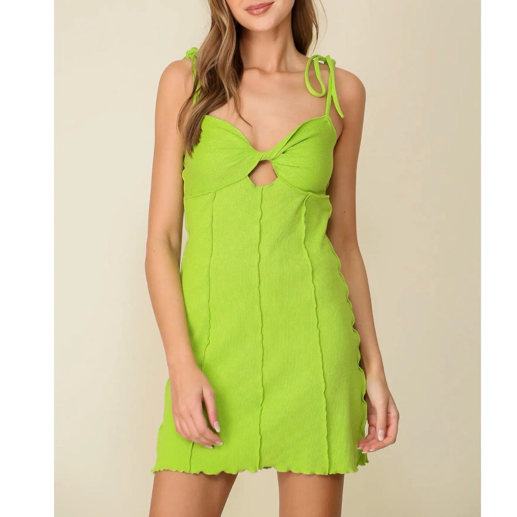 LUMIERE Twist Front Dress Ribbed Knit Mini Tie Strap in Margarita Lime