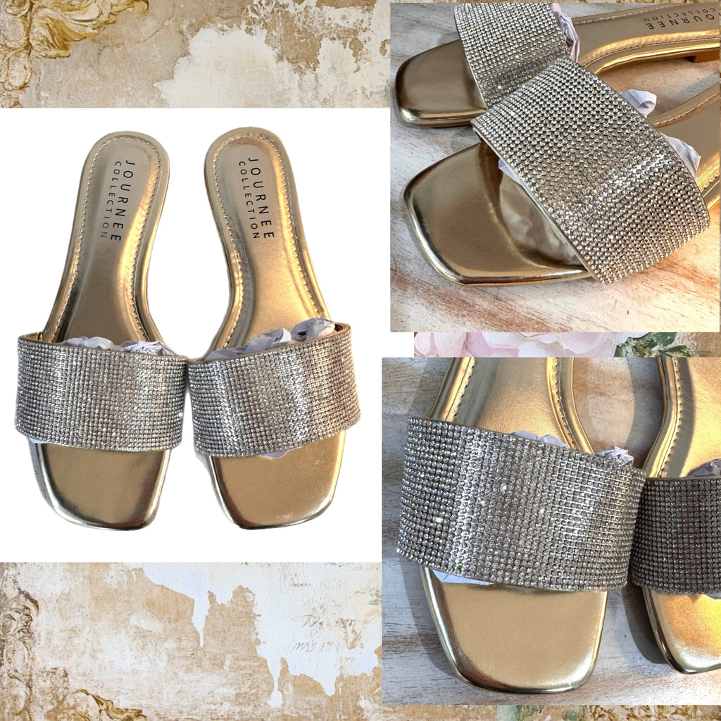 JOURNEE COLLECTION Grayce Vegan Leather Slide Sandals in Glitter Glamour Gold