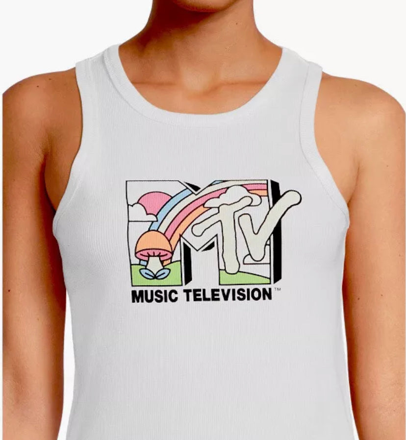 MTV Graphic White Tank Top Logo Rainbow Mushroom Design - East Coast Bella LLC