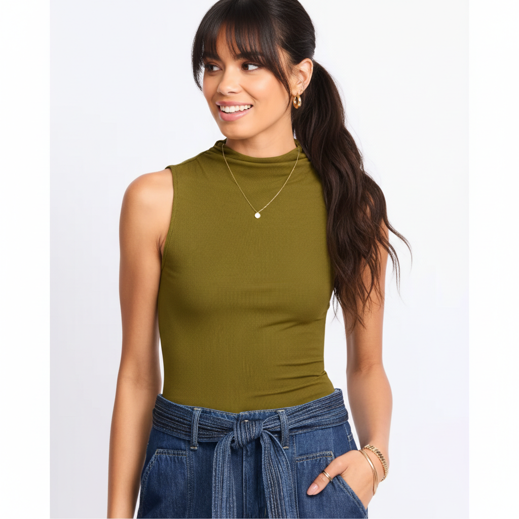 41 Hawthorn Stitch Fix Sleeveless Fitted Mock Neck Tank in Olive