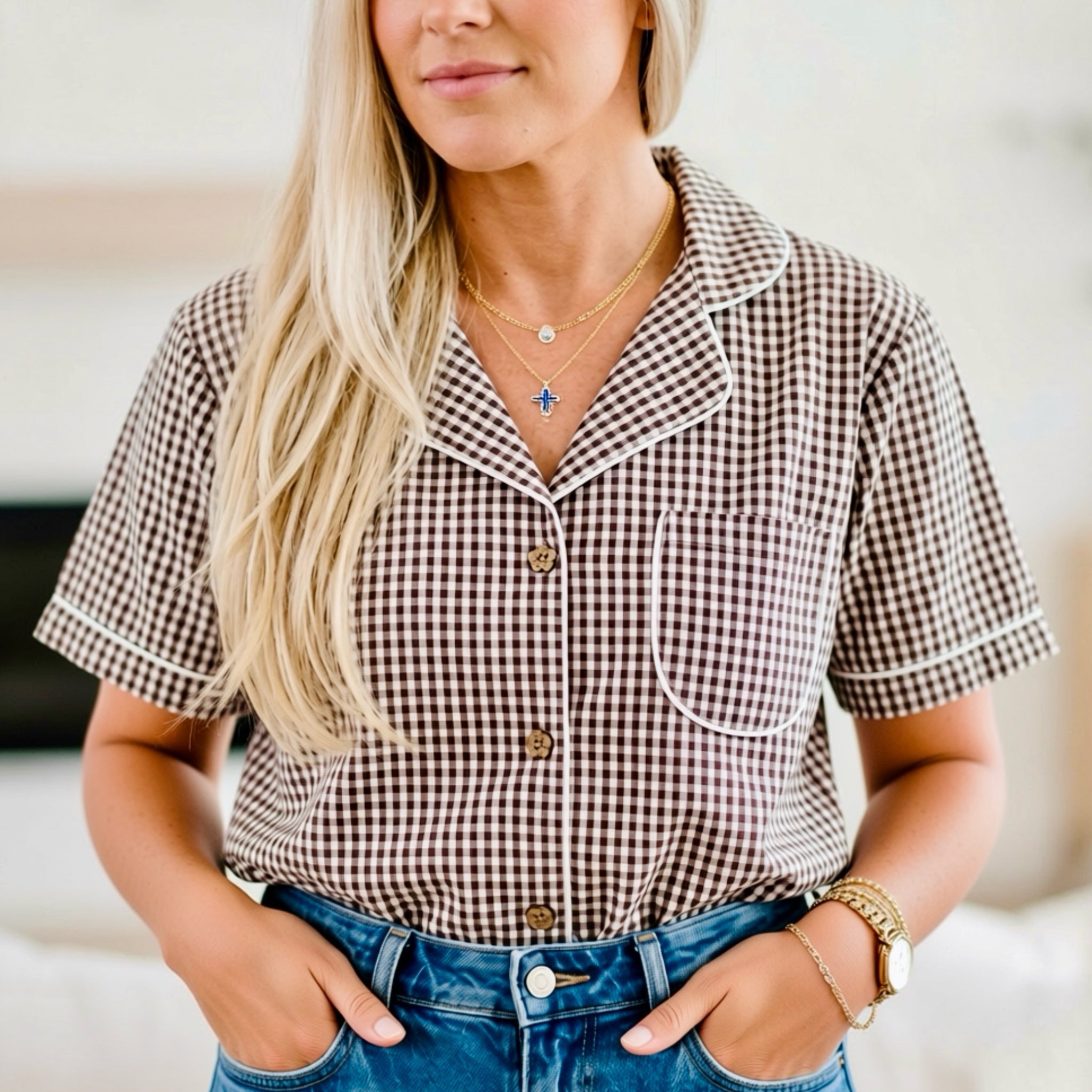 POL Gingham Check Retro Inspired Button Up Top 100% Cotton Blouse
