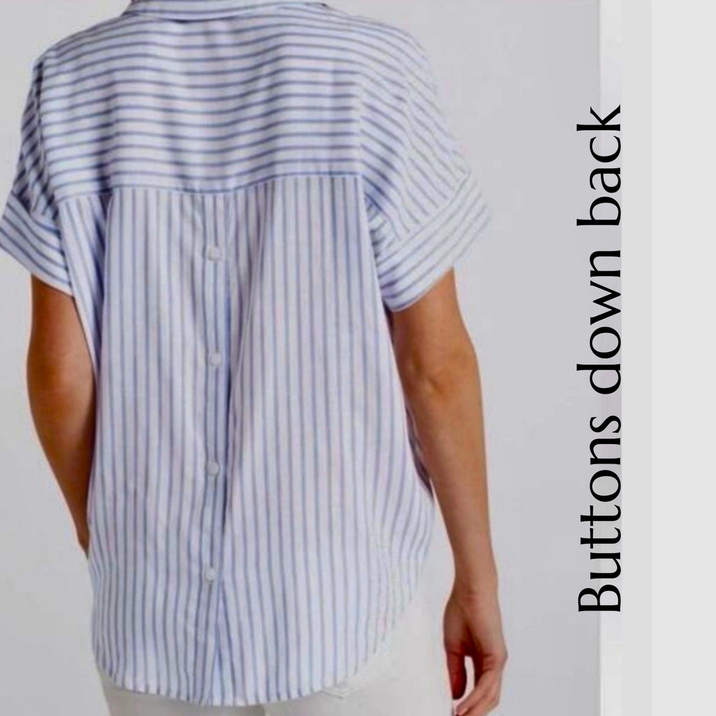 MONDAY FUN Stitch Fix Button Back Blouse Coastal Stripe - White Blue