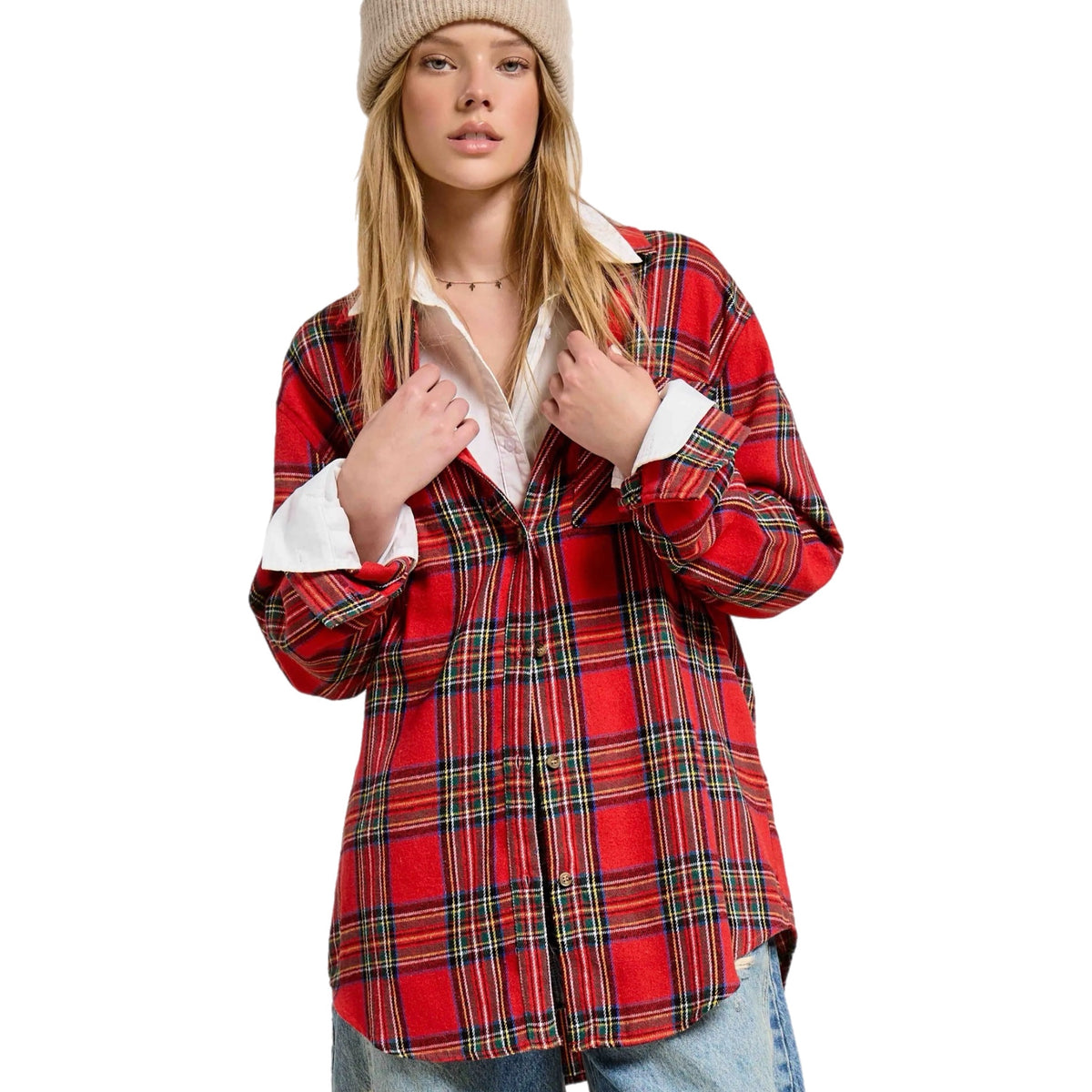 La Miel Plaid Oversized Shirt Button Front Long Sleeve in Holiday Red