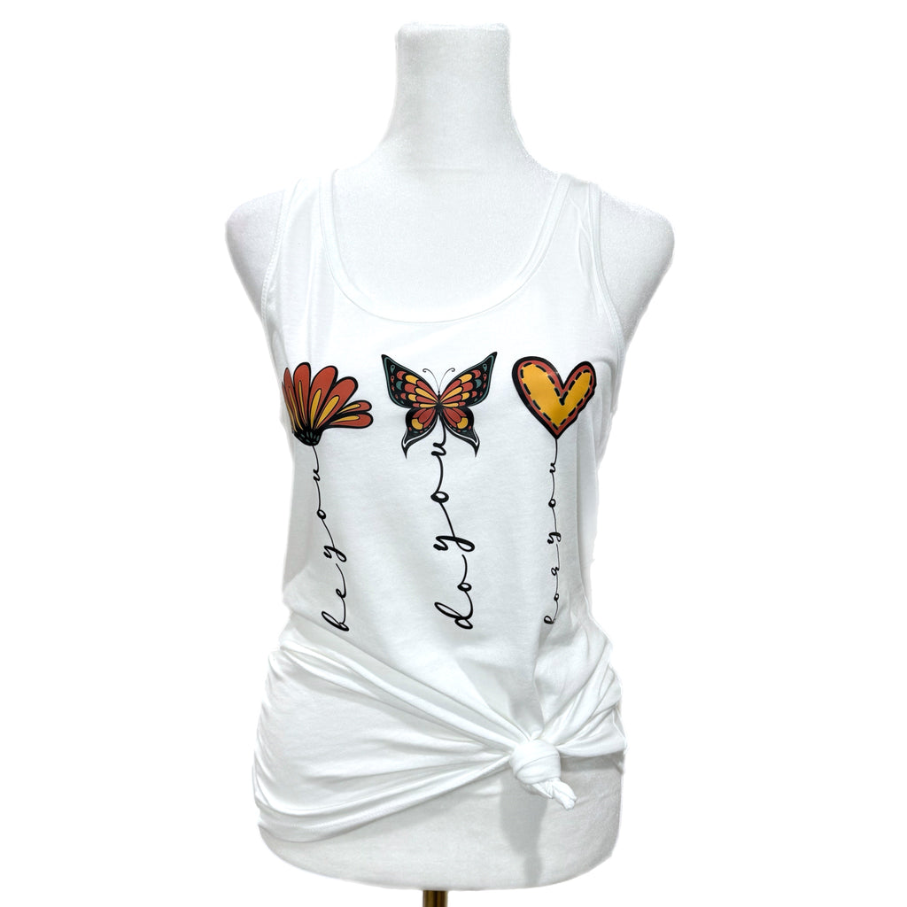 BE YOU Women’s Graphic Tank Top Butterfly Heart Boho Design Racer Back