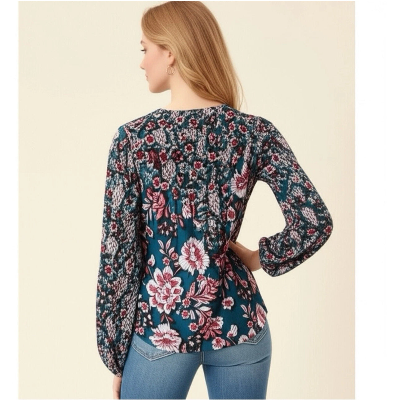 BAND OF THE FREE Josie Blue Floral Print Long Sleeve V Neck Blouse