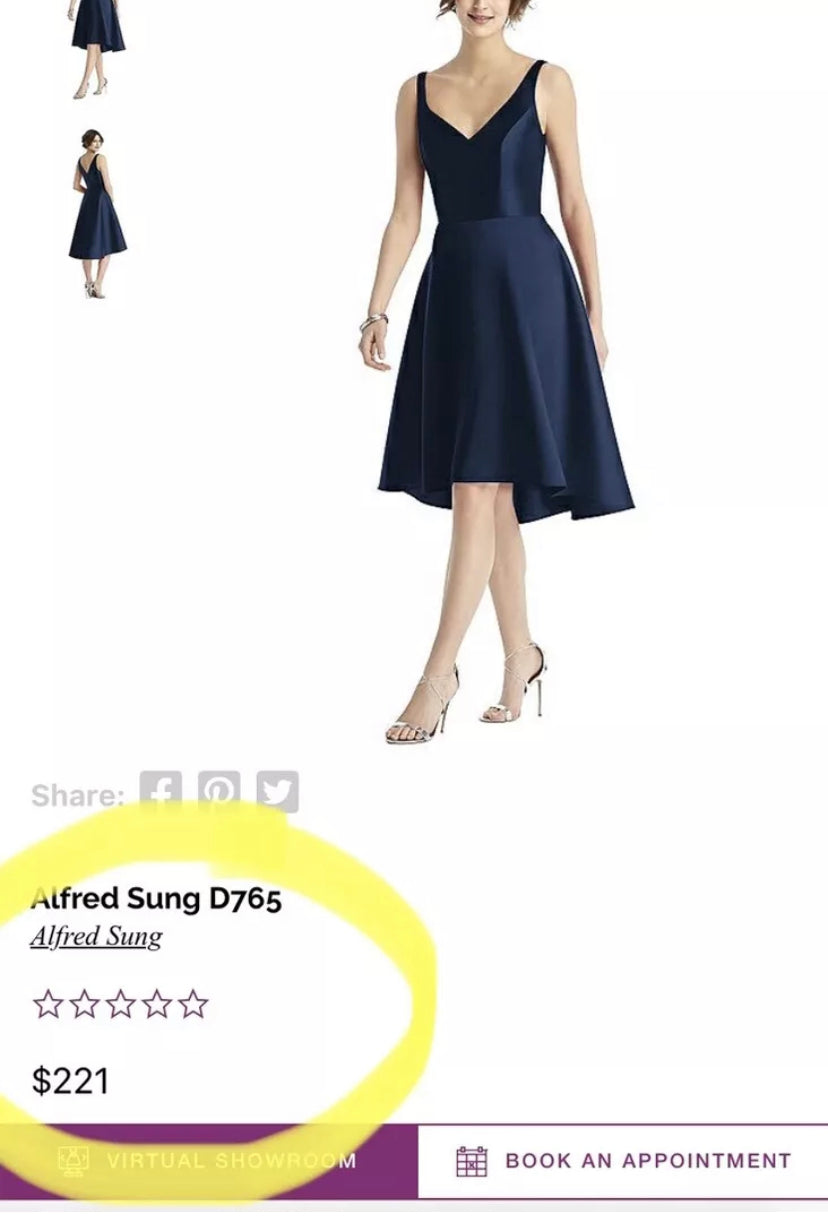 ALFRED SUNG D765 Cocktail Dress Satin Twill V Neck Midnight Navy -only size 16 available - East Coast Bella LLC