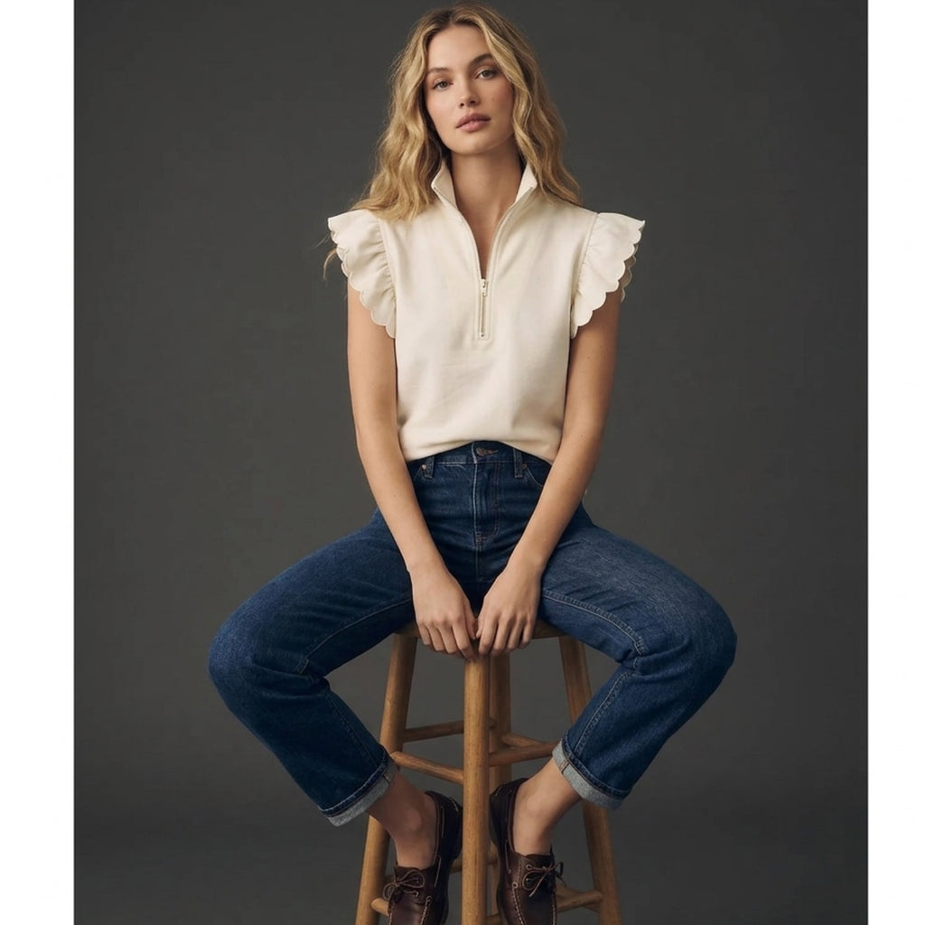 Preppy Aesthetic Quarter-Zip Ruffle Short Sleeve Sweater Top Creamy Beige