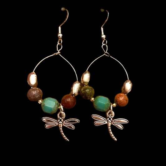 Turquoise Accent Gemstone Hoop Dragonfly Earrings 925 Sterling Silver Hooks - East Coast Bella LLC