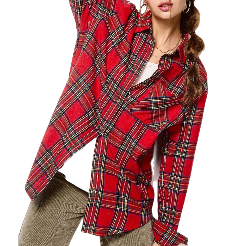 La Miel Plaid Oversized Shirt Button Front Long Sleeve in Holiday Red