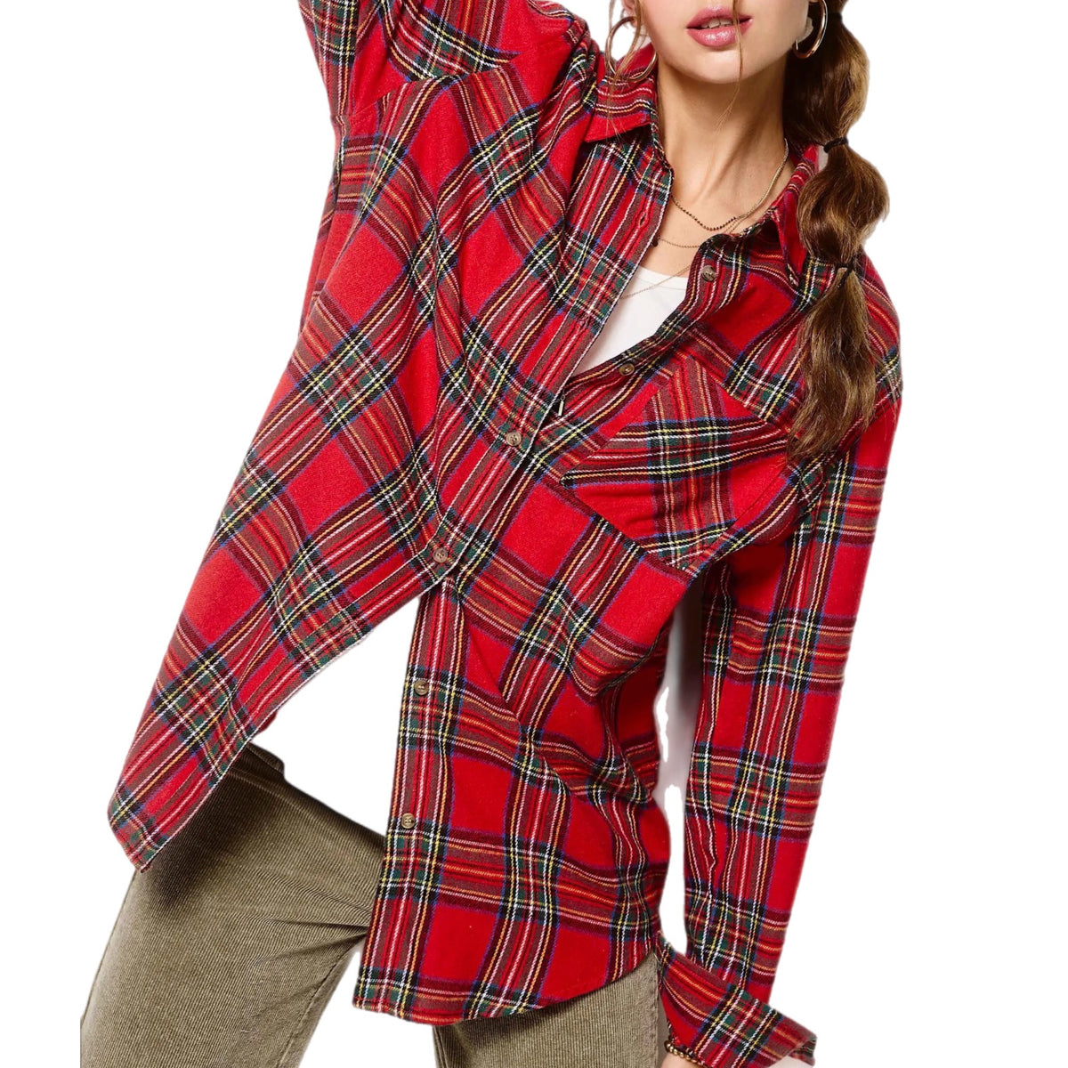 La Miel Plaid Oversized Shirt Button Front Long Sleeve in Holiday Red