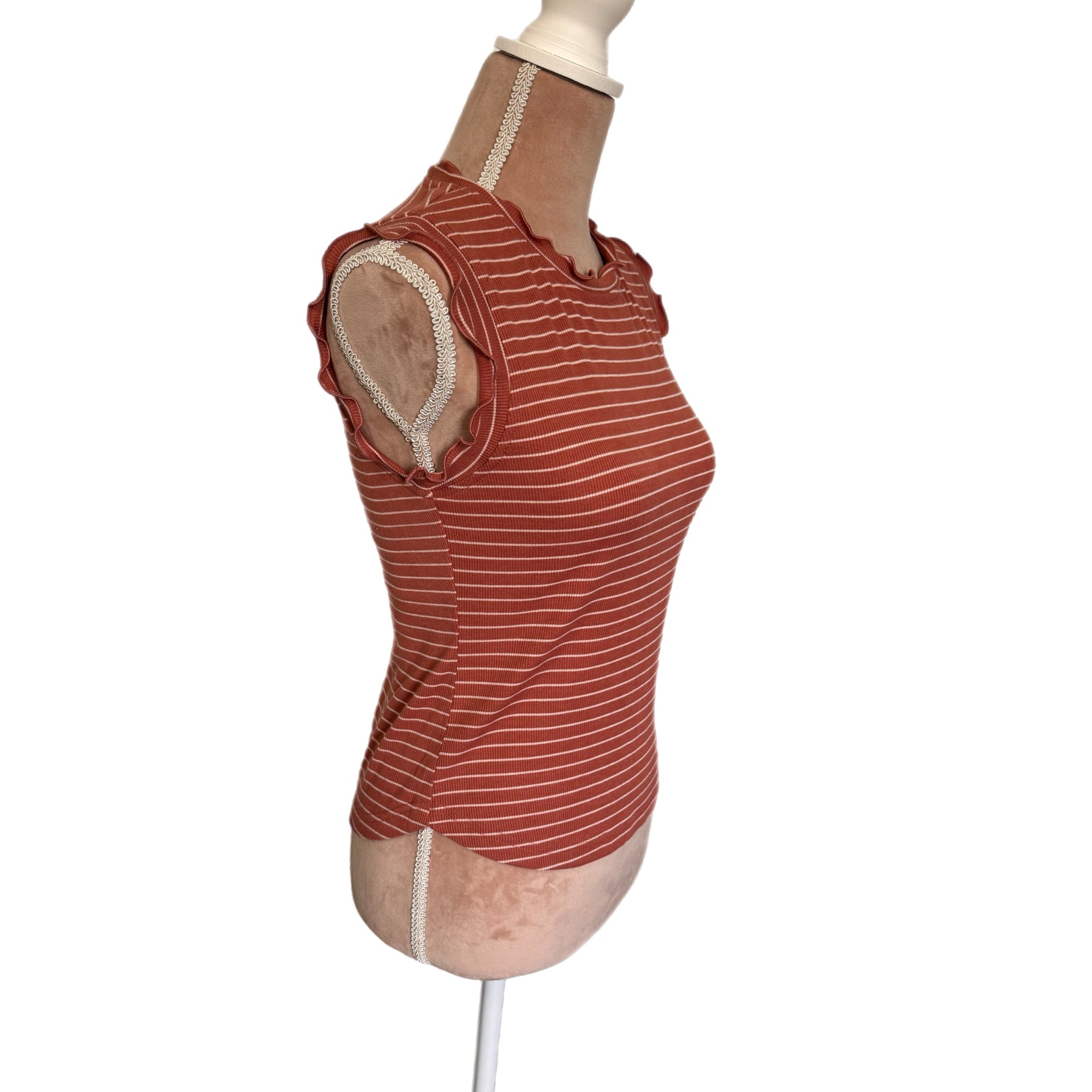 LA MIEL Boho Ribbed Ruffle Trim Striped Tank Top in Terracotta White