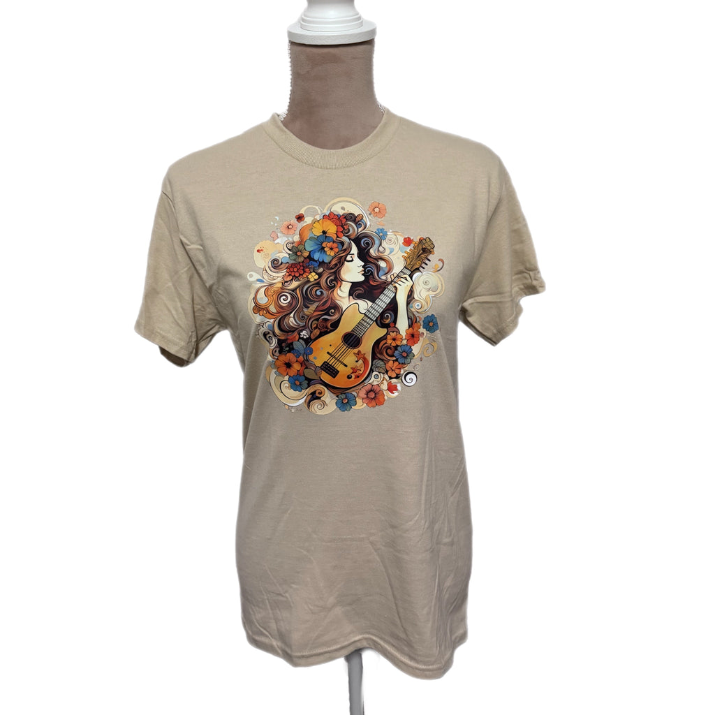 Boho Floral Guitar Girl Vintage Aesthetic Graphic Tee Shirt in Beige