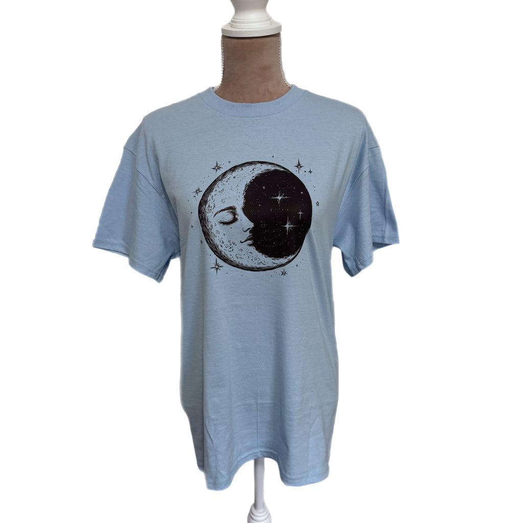 Celestial Graphic Tee Serene Moon & Stars Illustration in Light Blue