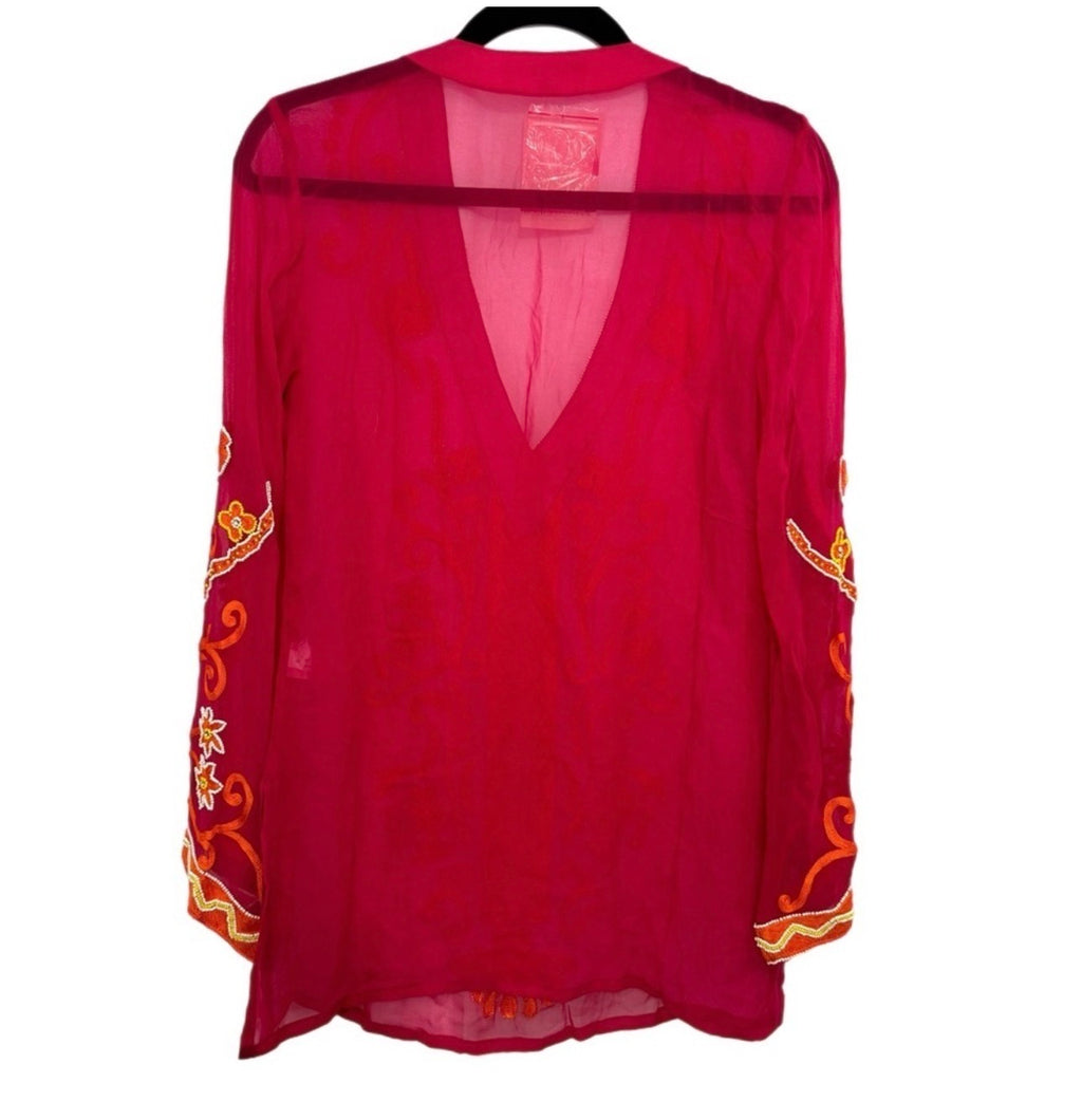Boston Proper Beaded Resort Embroidered Sheer Tunic Top in Multi Pink
