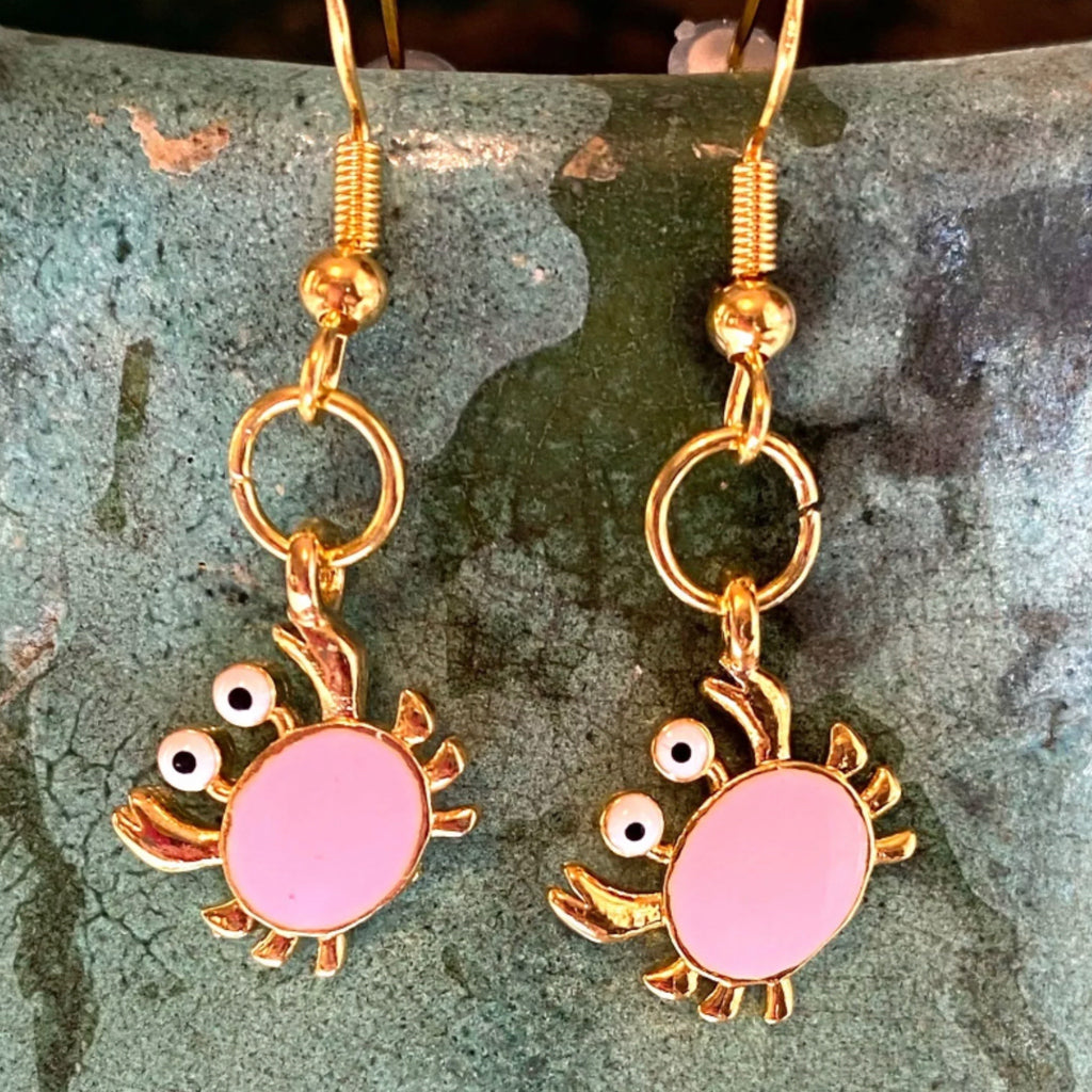 Crabby Chic Pink Crab Charm Earrings Gold Over 925 Sterling Silver Hooks - East Coast Bella LLC