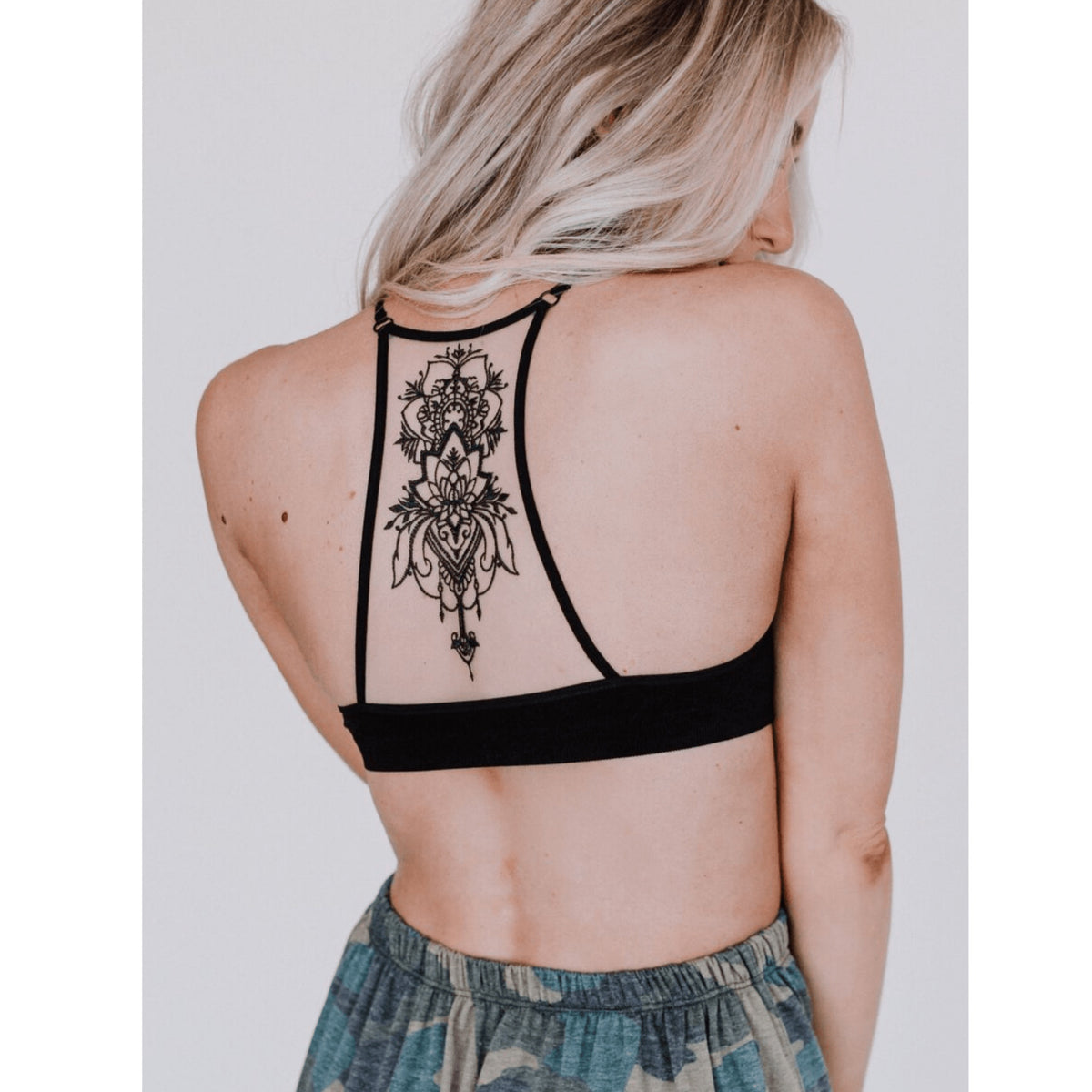 Boho Tattoo Bralette Embroidered Mesh Ribbed in Black