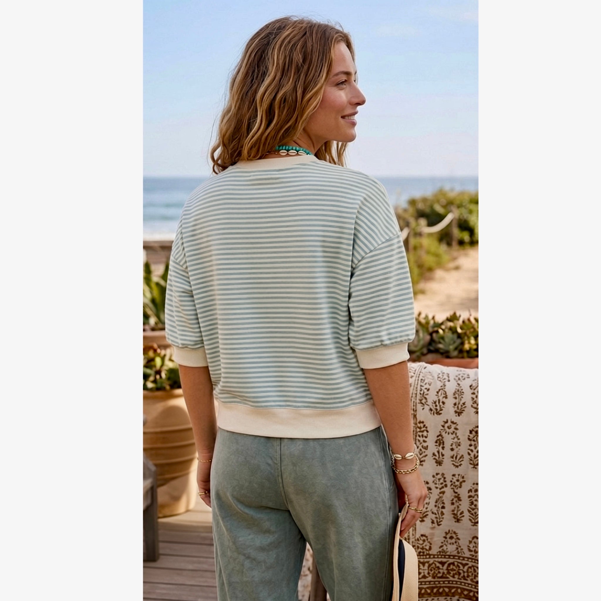 LA MIEL Coastal Stripe Relaxed Pullover Cotton Crew Top in Cream & Blue