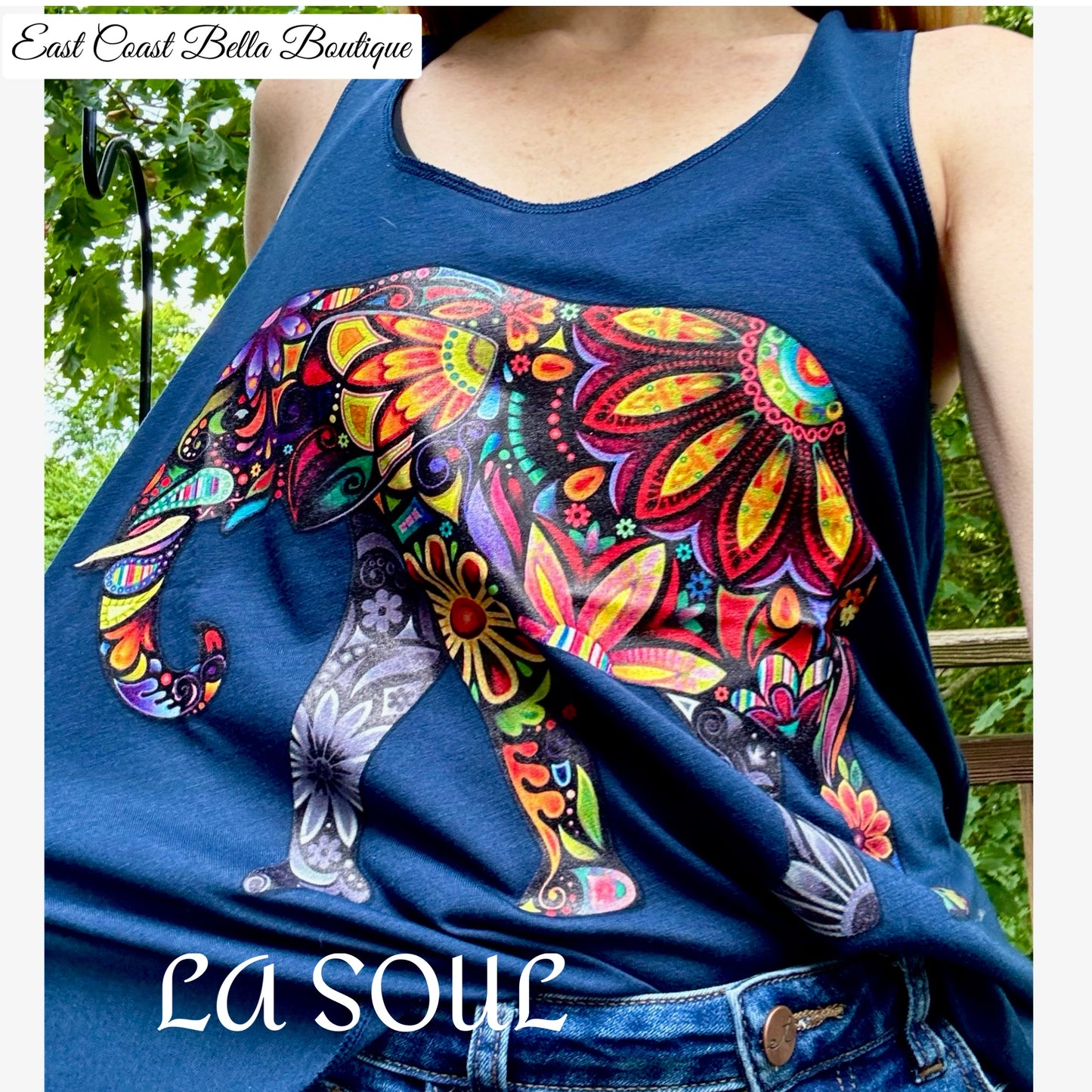 LA SOUL Navy Floral Peaceful Elephant Graphic Tank Top