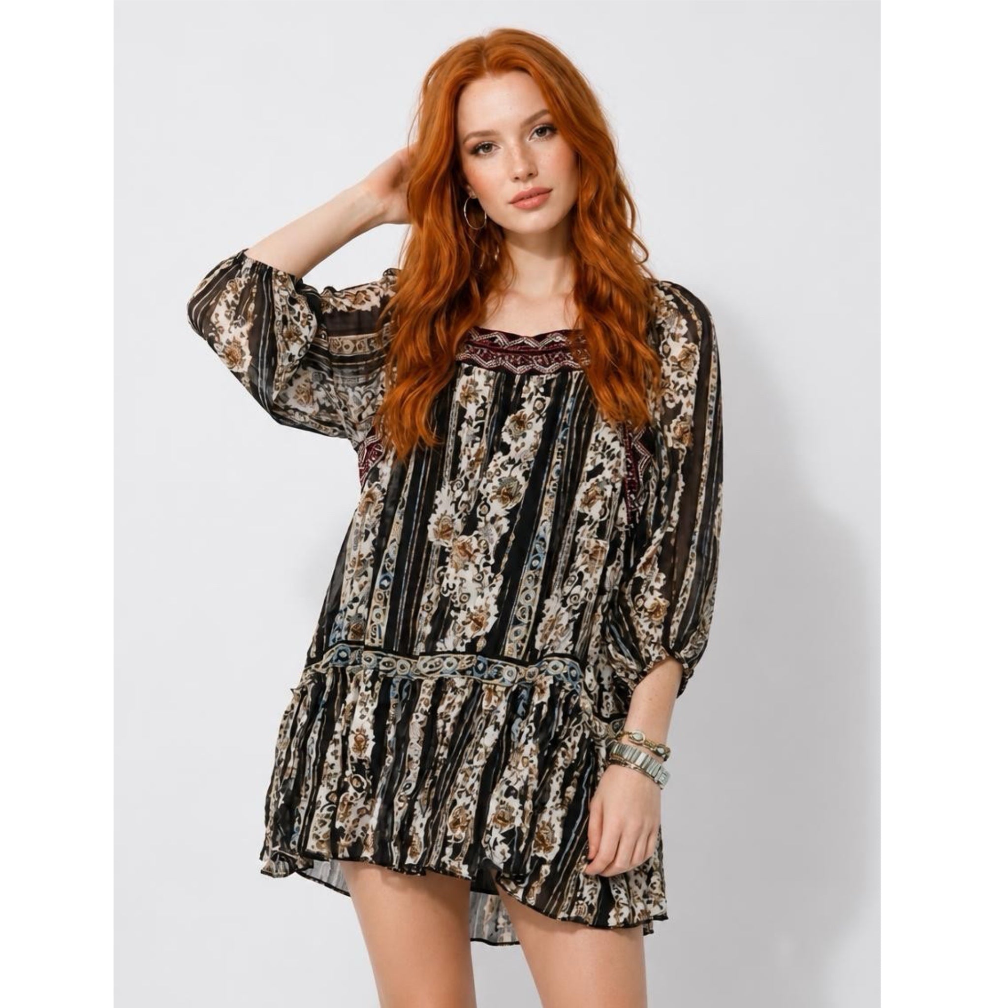 Free People Mini Dress Embroidered Floral Semi-Sheer Boho Black