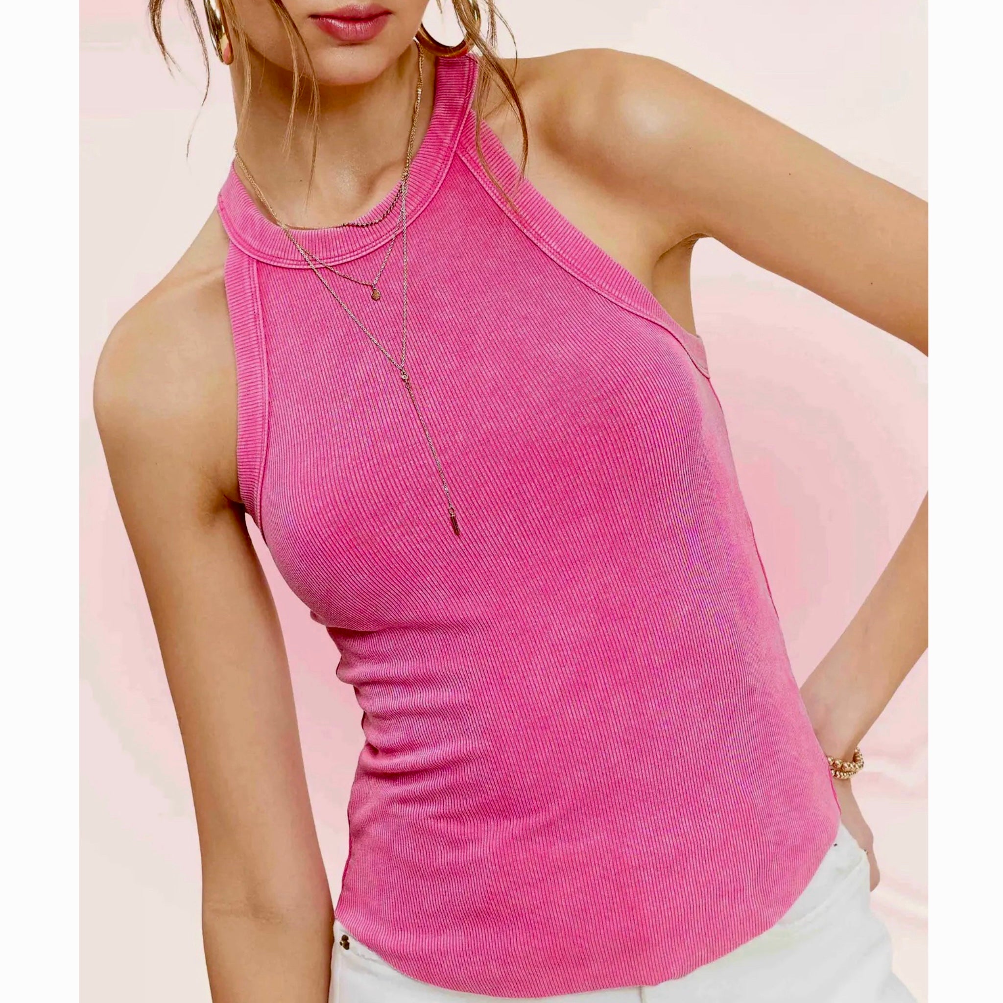 La Miel Mineral Washed Y-Back Lightweight Stretchy Tank in Candy Pink
