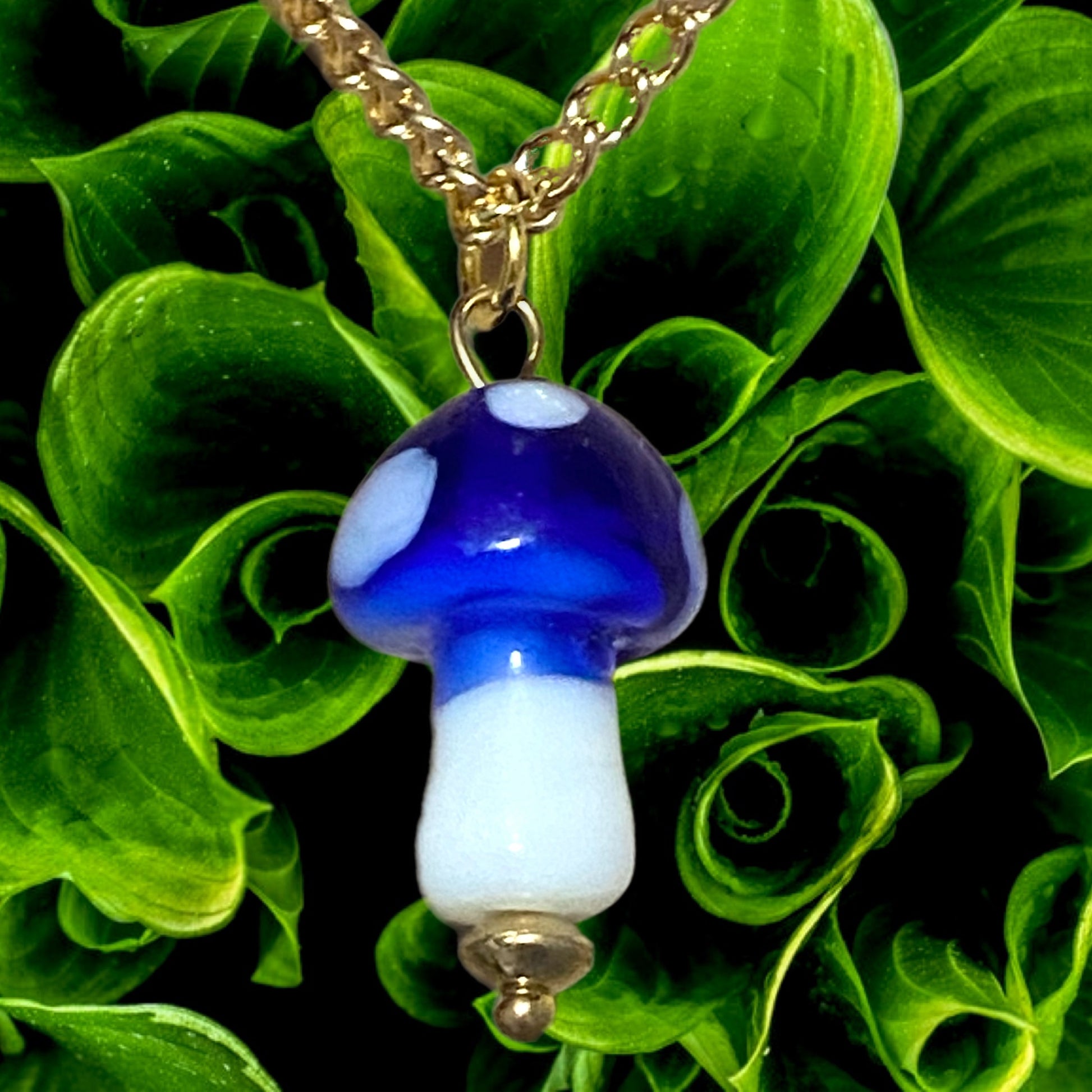 Dainty Art Glass Mushroom Pendant Necklace Gold Plated Brass Chain 16” - East Coast Bella LLC