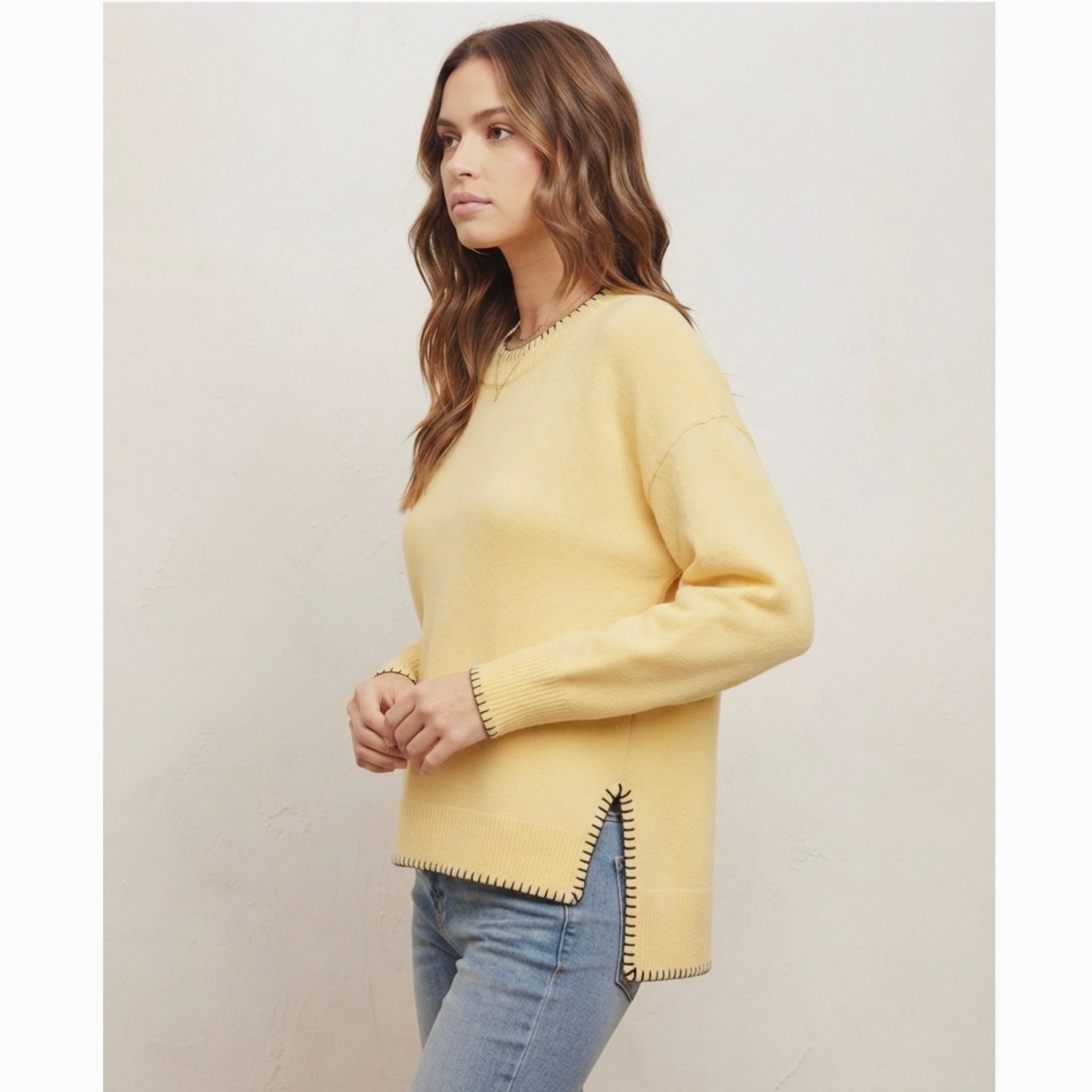 La Miel Oversized Contrast Stitch Crewneck Sweater in Yellow