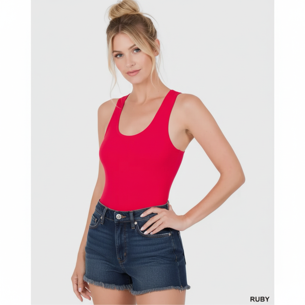 Racerback Bodysuit Cotton Spandex Snap Closure in Ruby Red