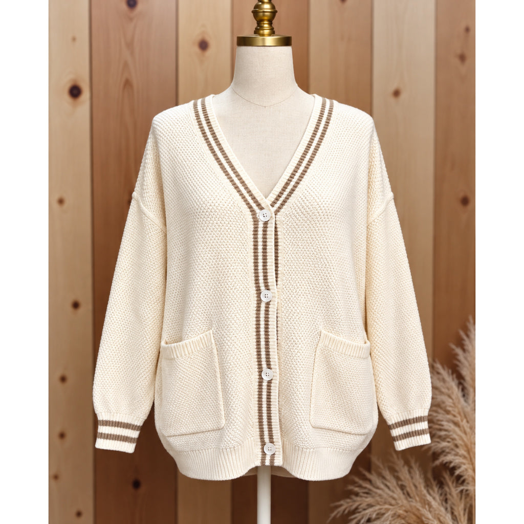 Grace & Emma Ivory & Taupe Trim Knit Preppy Lady Oversized Cardigan