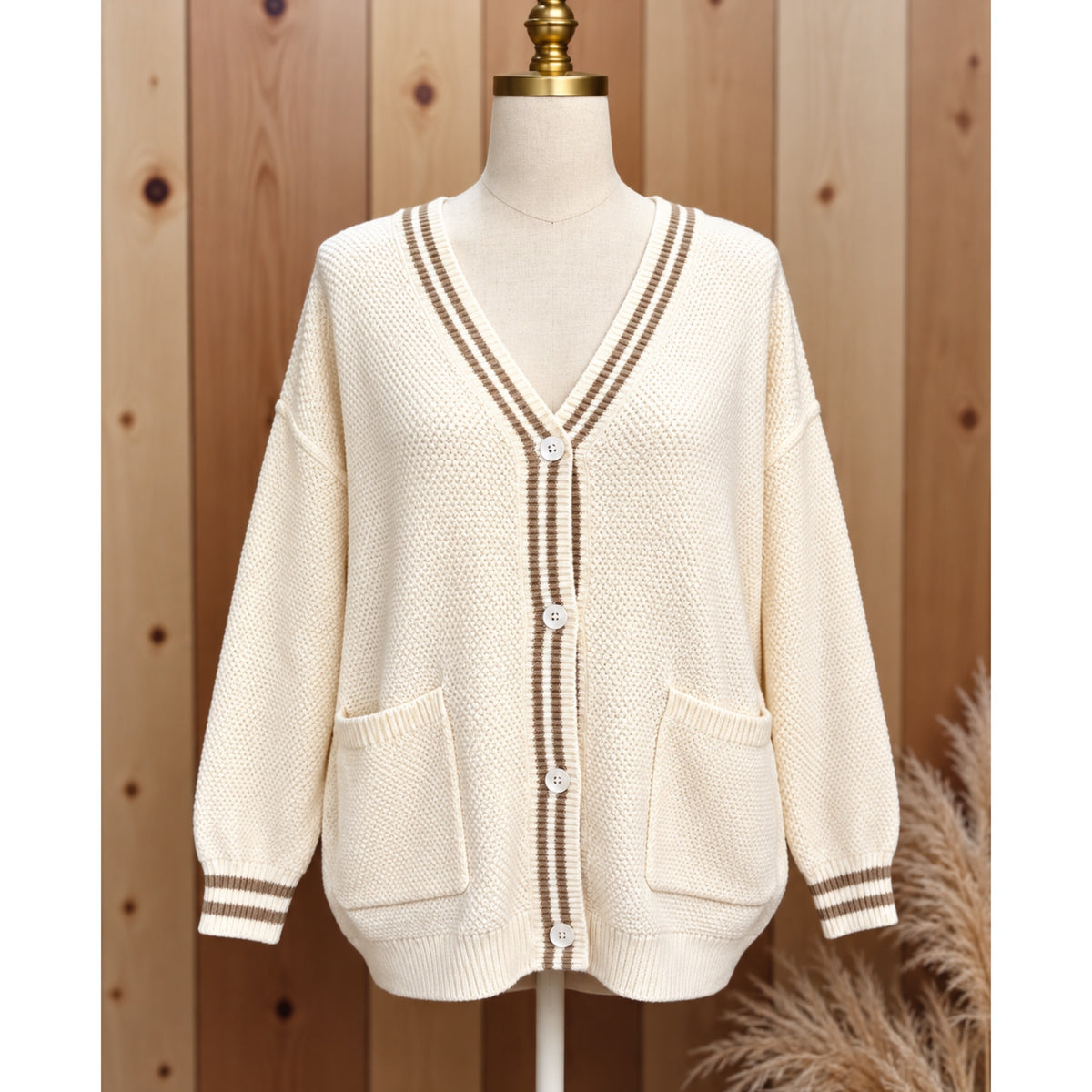 Grace & Emma Ivory & Taupe Trim Knit Preppy Lady Oversized Cardigan