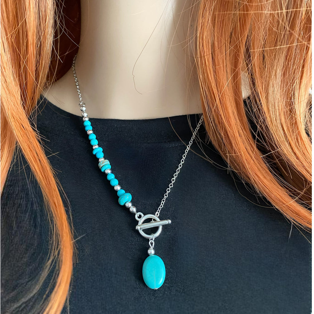 Summer Turquoise Beaded Silver Tone Chain Front Toggle Necklace 18” - East Coast Bella LLC