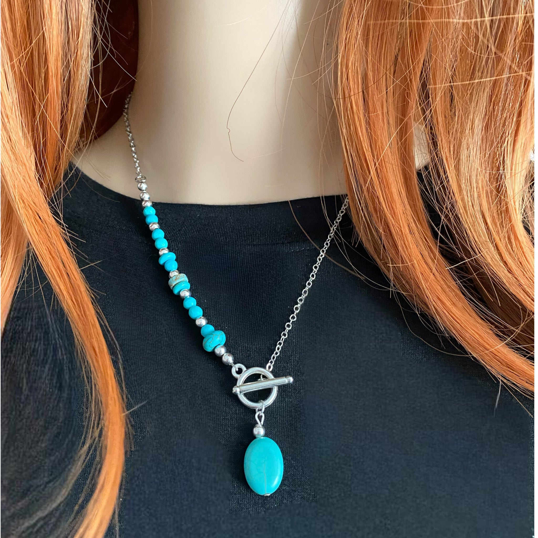 Summer Turquoise Beaded Silver Tone Chain Front Toggle Necklace 18” - East Coast Bella LLC
